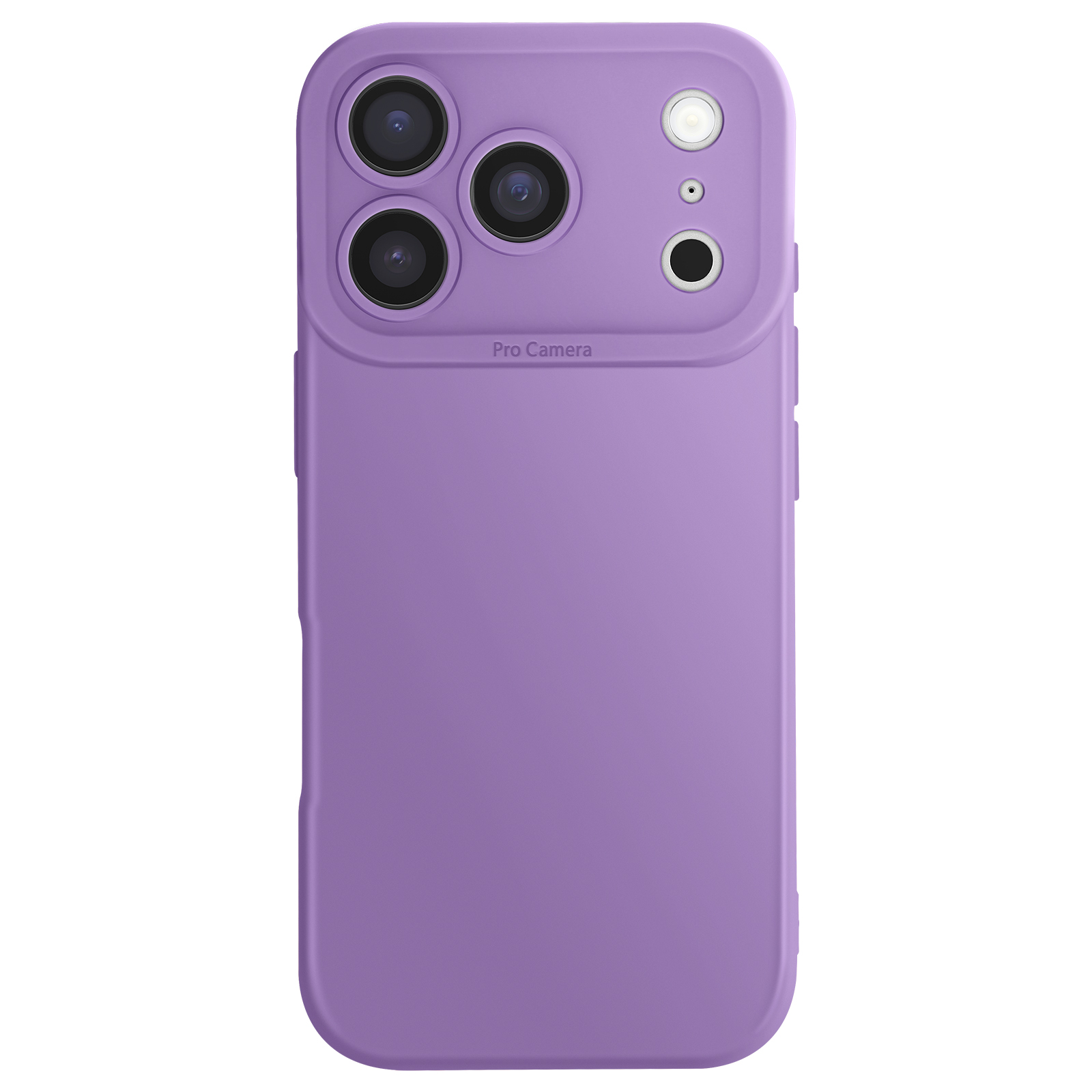 Paarse telefoonhoes met vier cameralenzen en een flitser. De woorden 'Pro Camera' zijn zichtbaar.