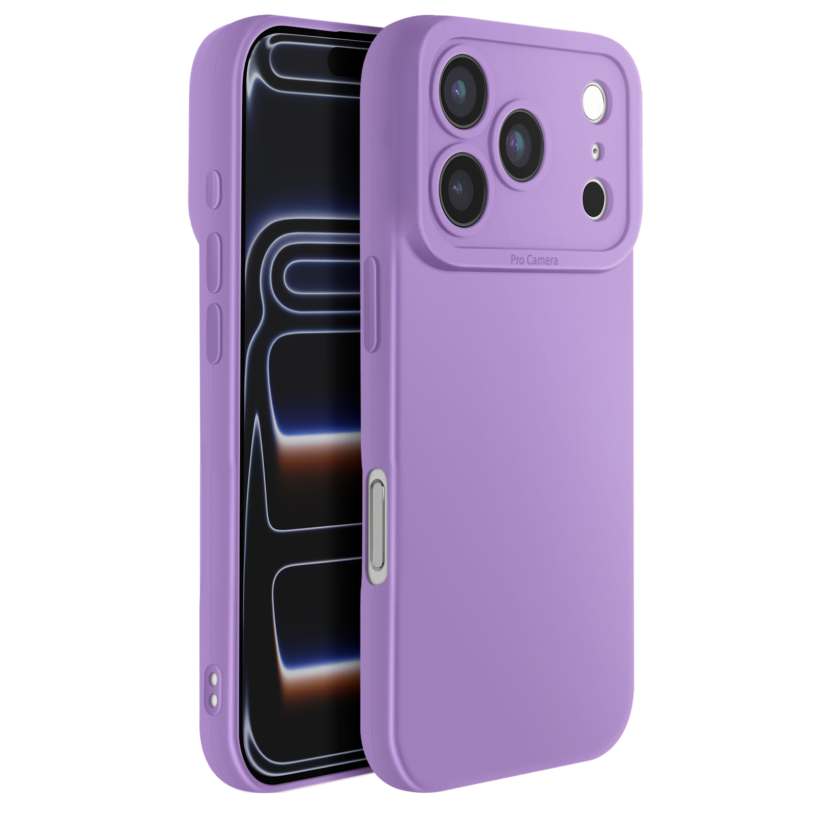 Een paarse telefoonhoes met drie cameralenzen en een telefoonscherm. De hoes is open en toont de telefoon.