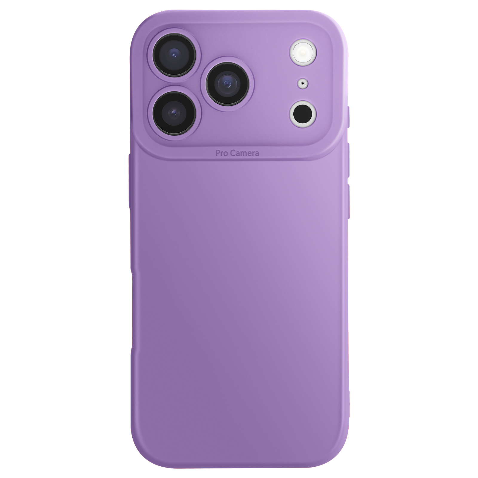 Un étui de téléphone violet avec quatre objectifs d'appareil photo et un flash est présenté sur fond blanc.