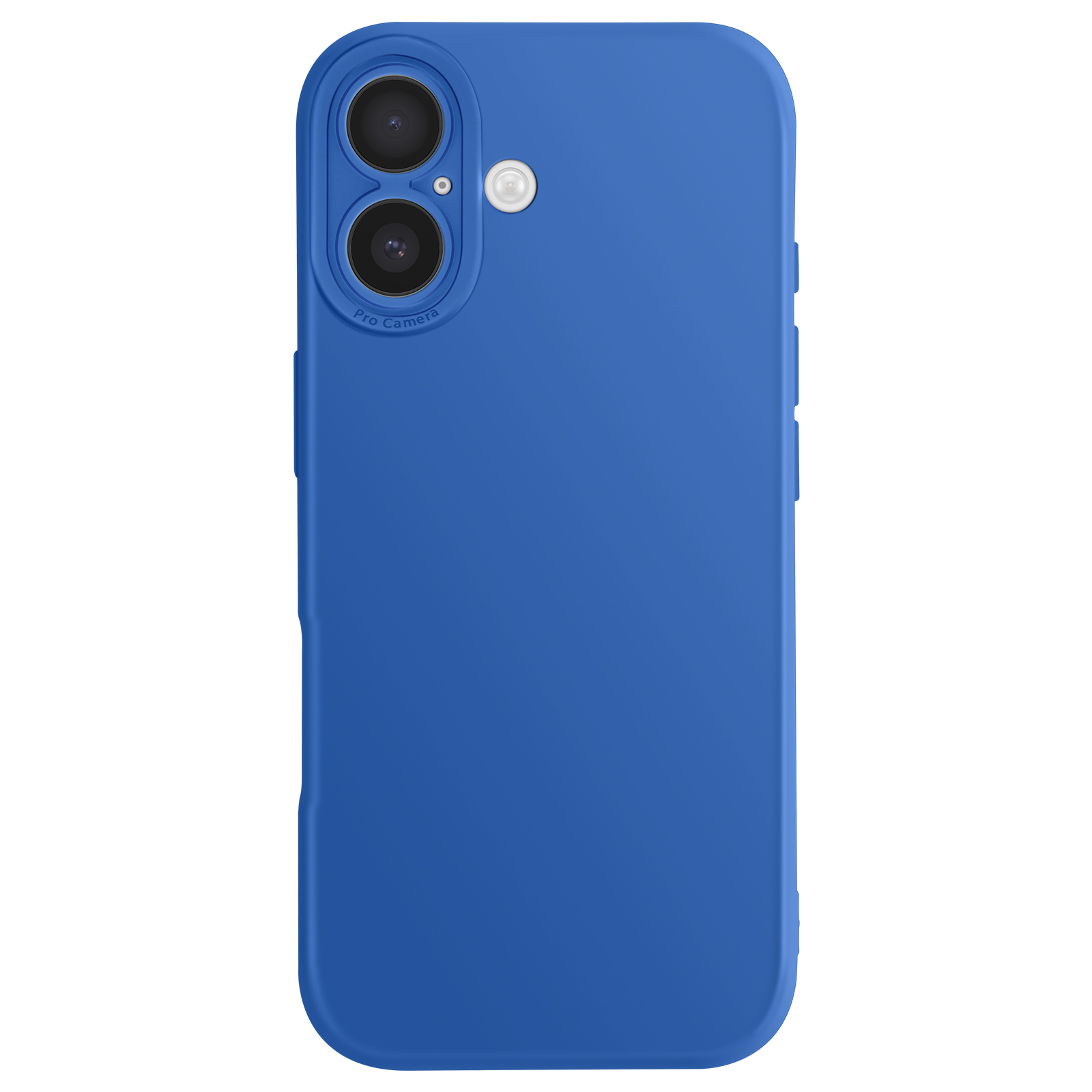 Een blauwe telefoonhoes met cameralenzen en een flitser. De achtergrond is wit.