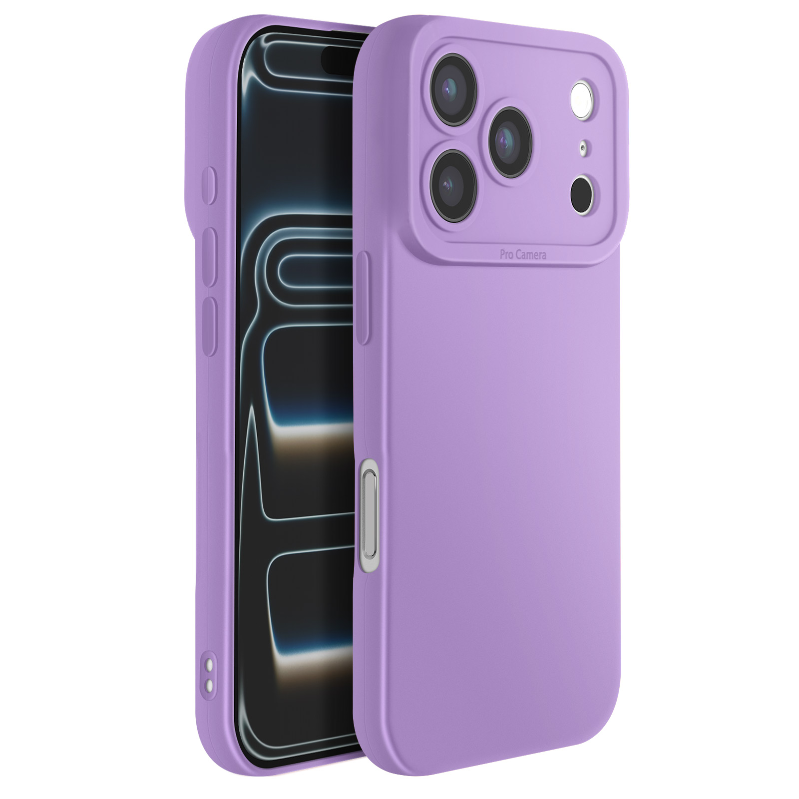 Une coque de téléphone lilas avec un téléphone à l'intérieur. L'étui comporte des découpes pour l'appareil photo. L'écran affiche un motif sombre et abstrait.