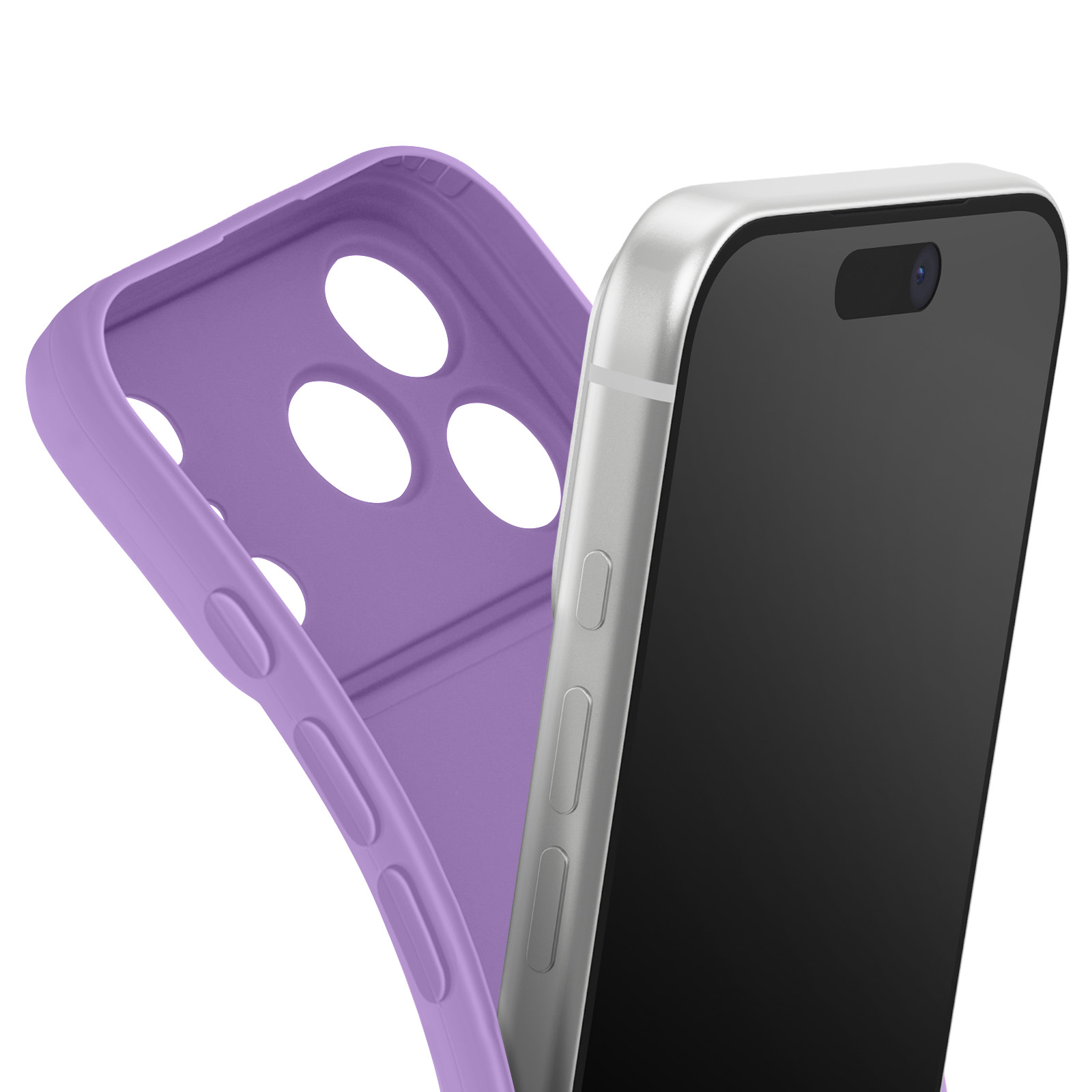Un téléphone partiellement à l'intérieur d'une coque violette. Le téléphone est argenté avec un écran noir.