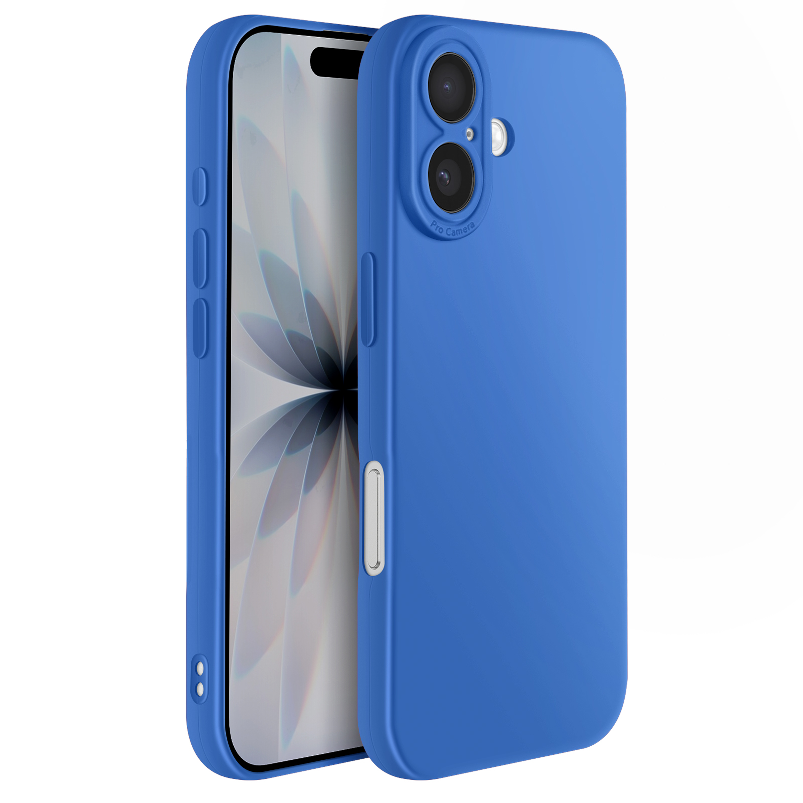 Een blauwe telefoonhoes wordt getoond, iets open om het scherm van de telefoon te onthullen. De hoes heeft knoppen en cameradetails.