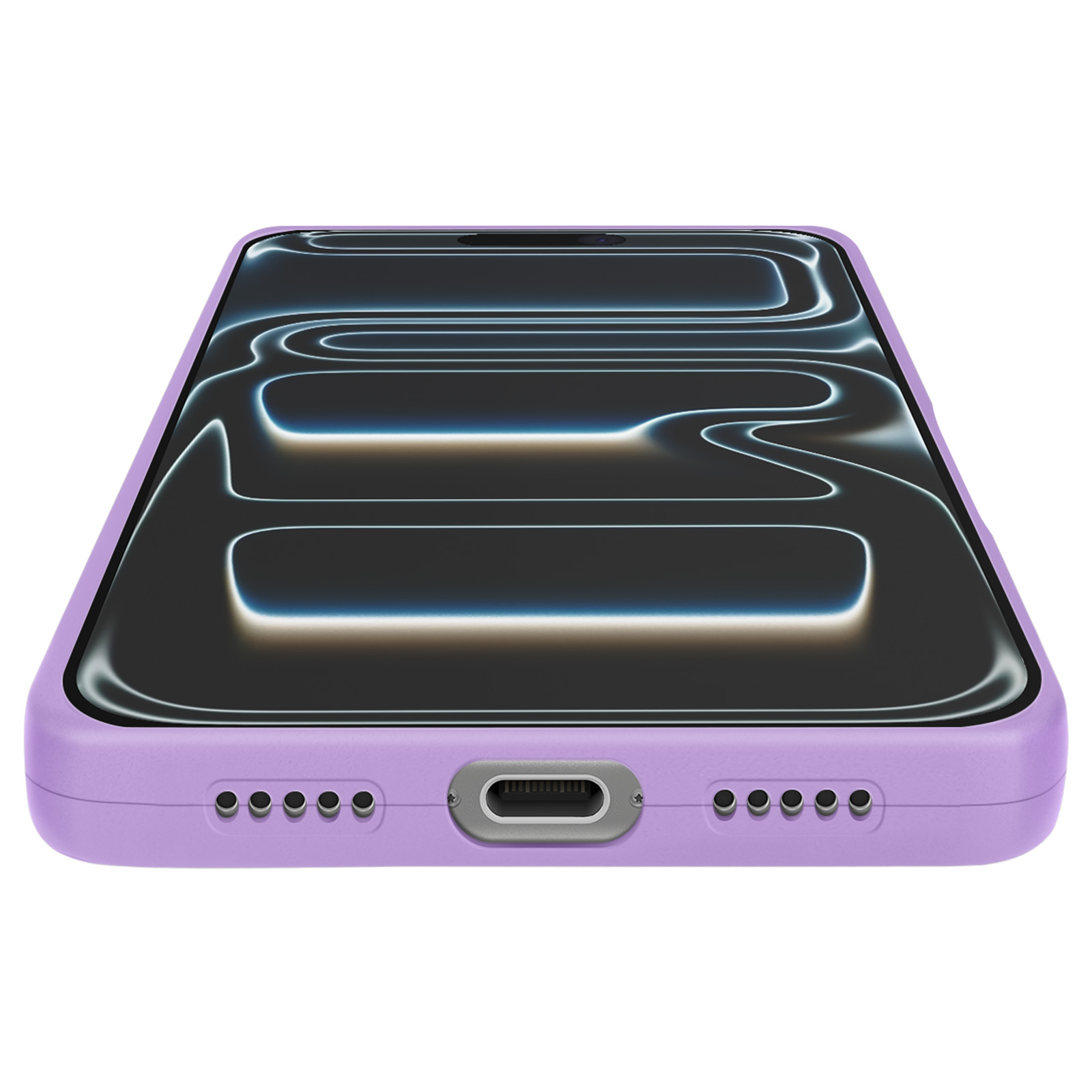 Un téléphone lavande avec écran lumineux, sur fond blanc. L'étui du téléphone est visible.