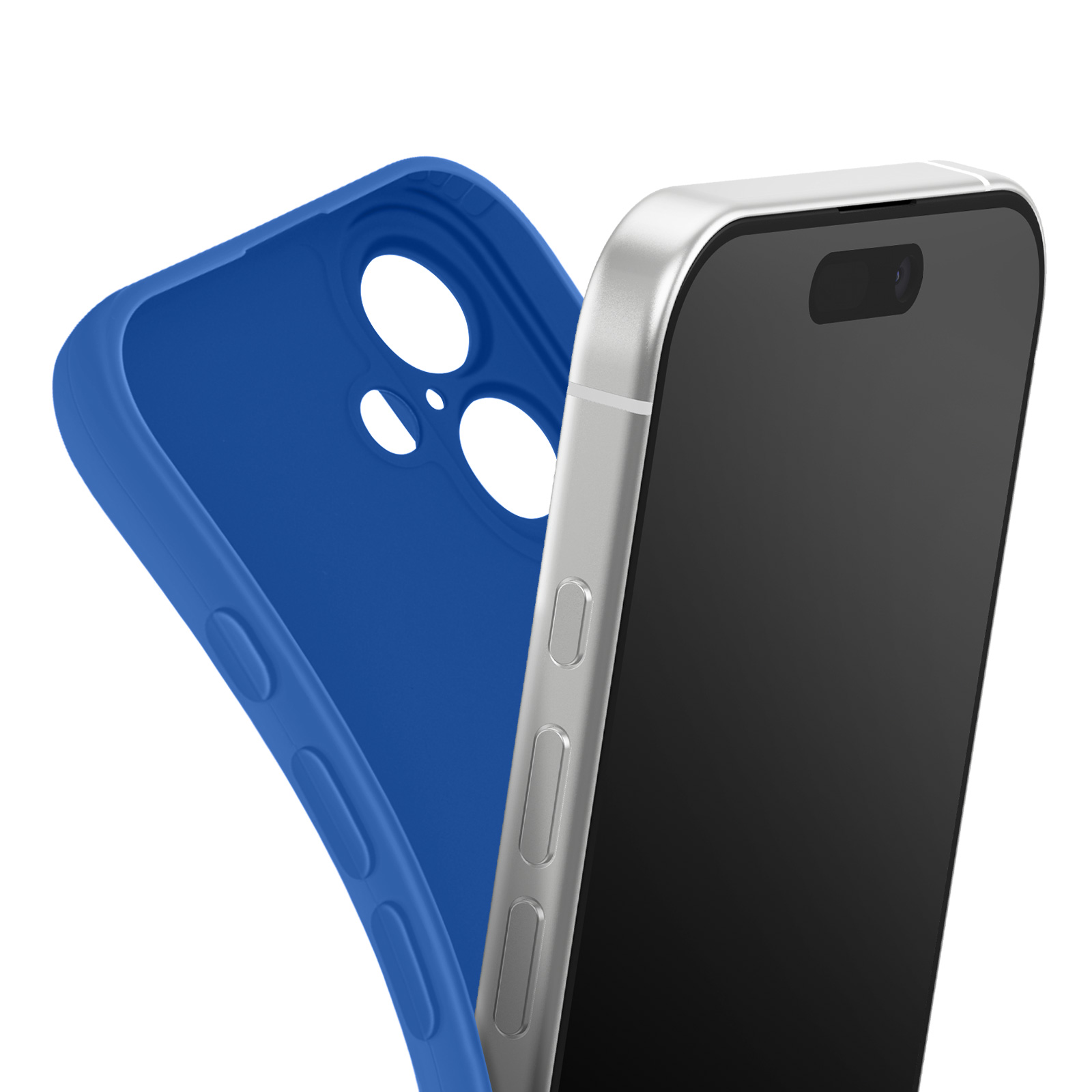 Een zilveren smartphone met een zwart scherm en een blauwe telefoonhoes. De hoes is los, de zijkant en het scherm.