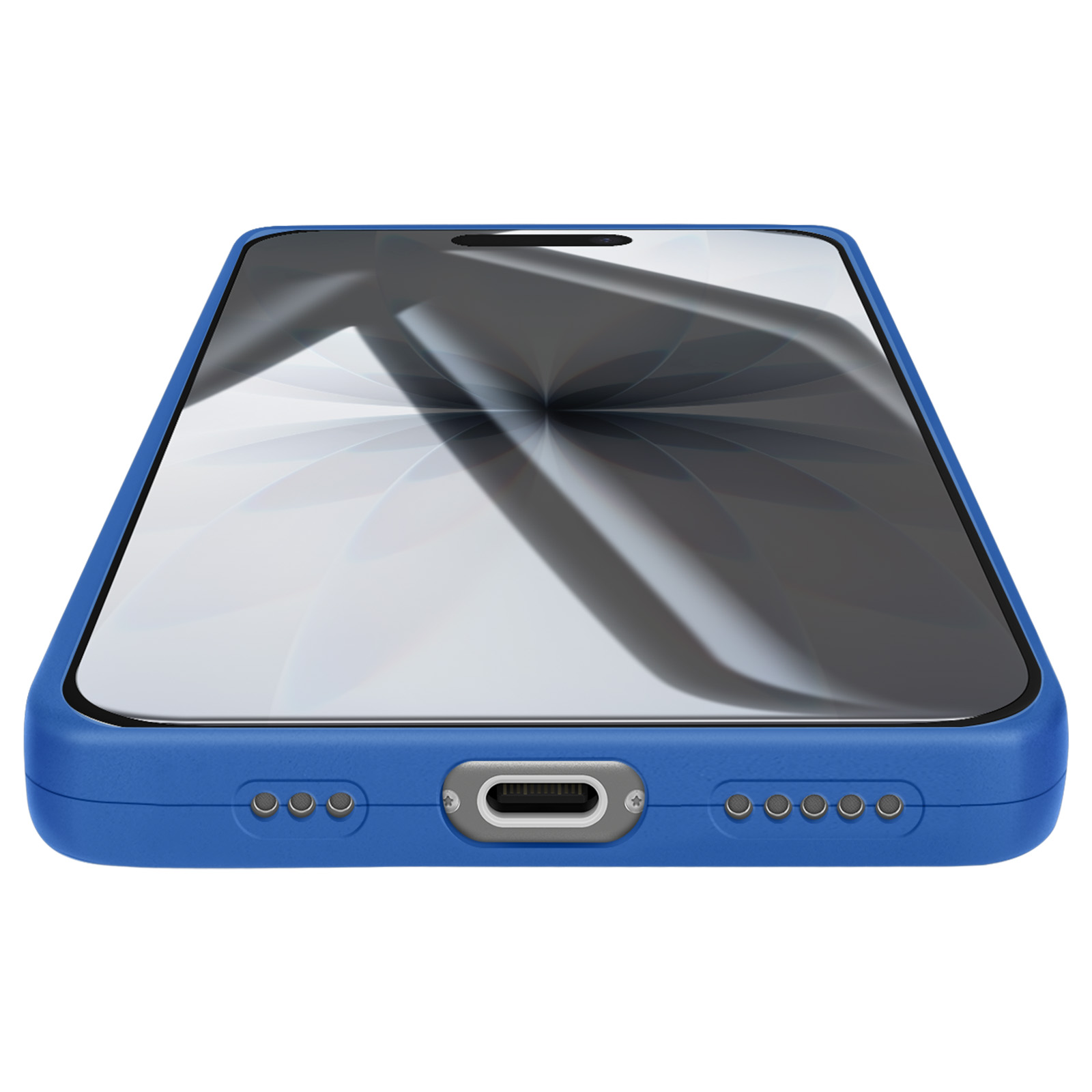 Een smartphone met een blauwe hoes, het scherm reflecteert licht. De telefoon ligt op een wit oppervlak.