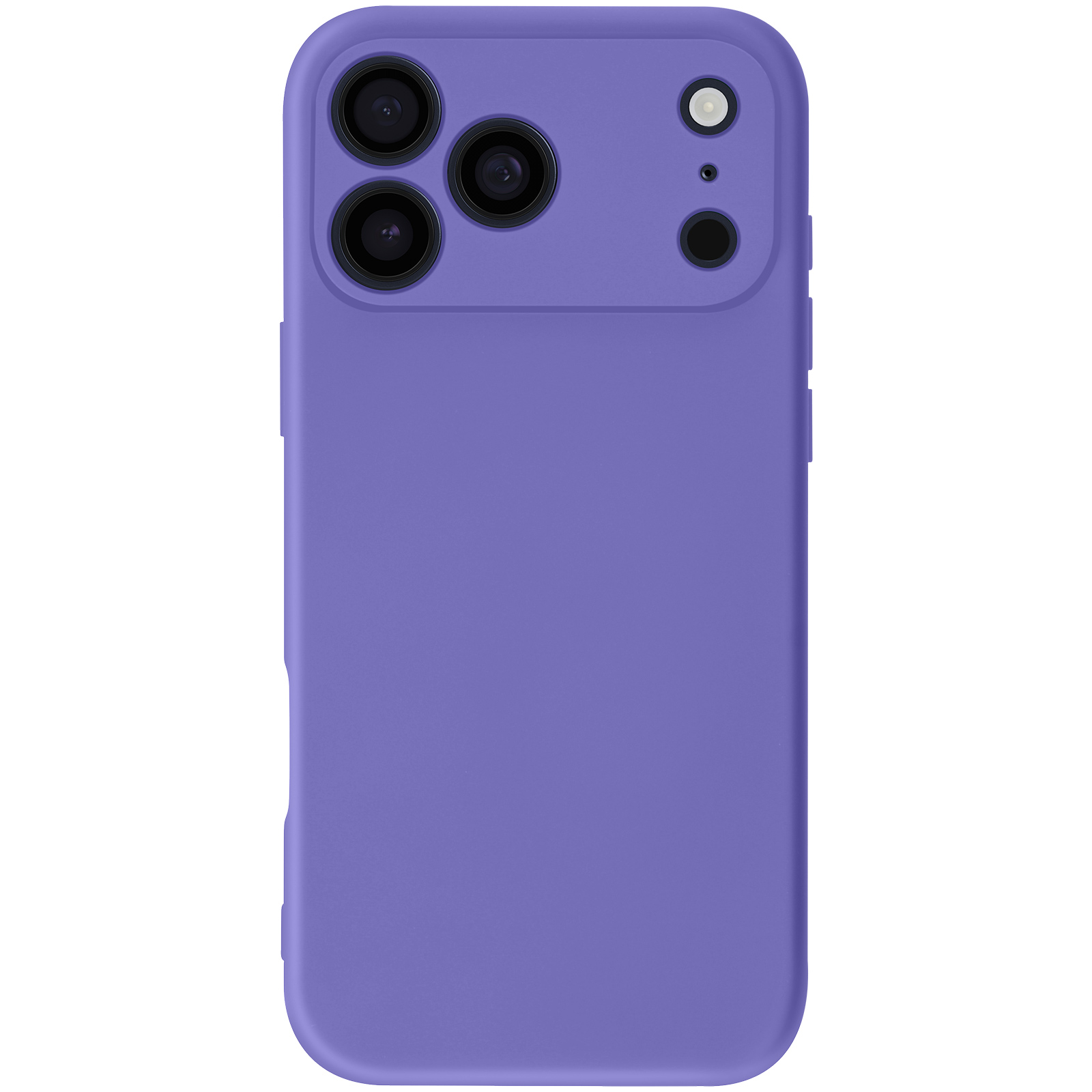 Une coque de téléphone violette avec plusieurs découpes pour caméra et un flash sur fond blanc.