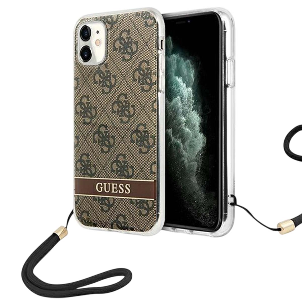 Un telefono con custodia Guess. La custodia è marrone con un motivo a logo. Ha un cinturino nero e una custodia trasparente.