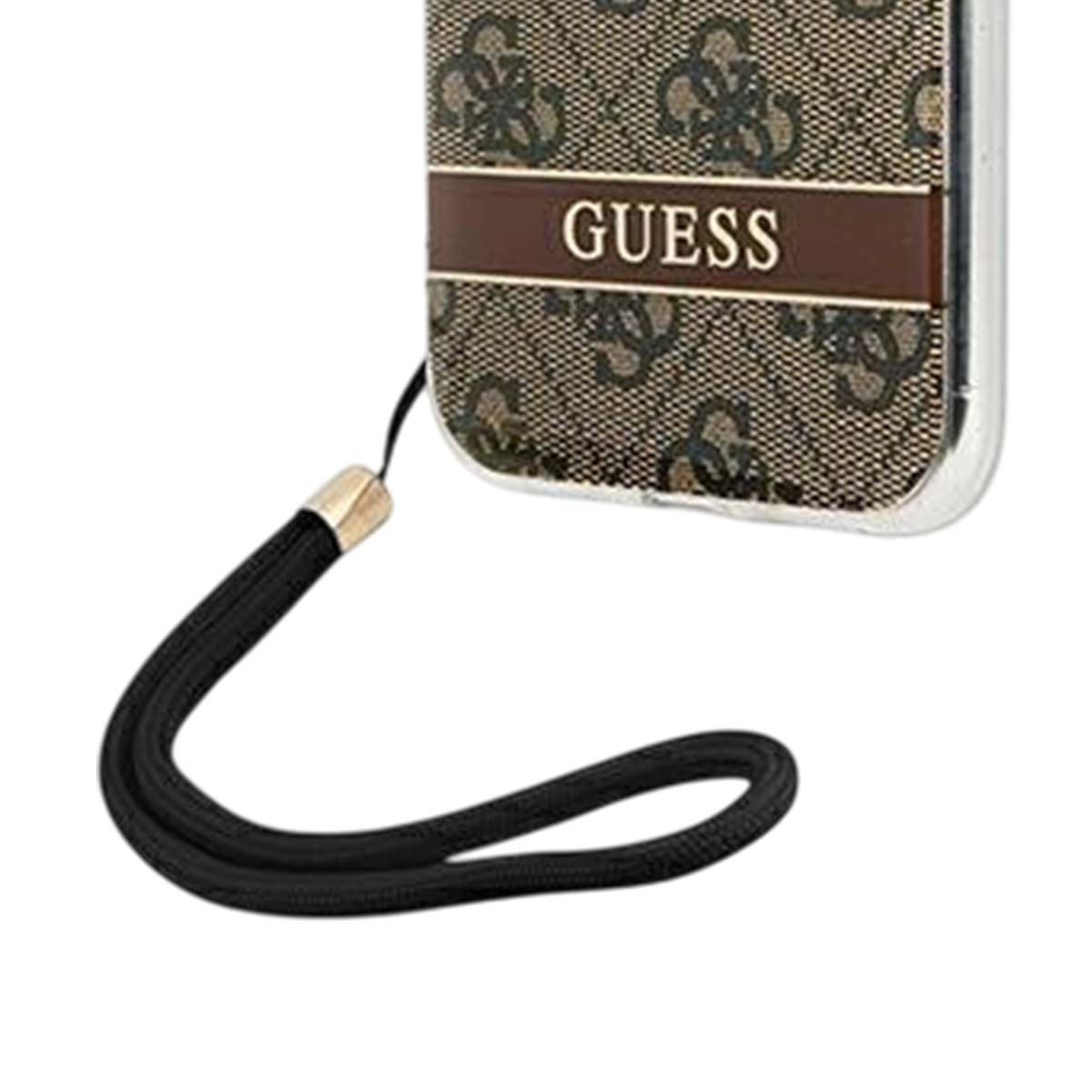 Primo piano di una custodia per telefono Guess con cinturino nero. La custodia è marrone con un motivo ripetuto. Il cinturino è nero.