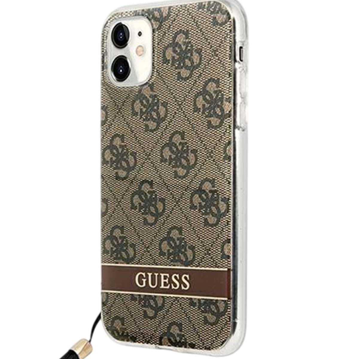 Una custodia per telefono Guess, design monogram marrone con bordo trasparente. Presenta il logo Guess. Un cordino nero è attaccato in basso.