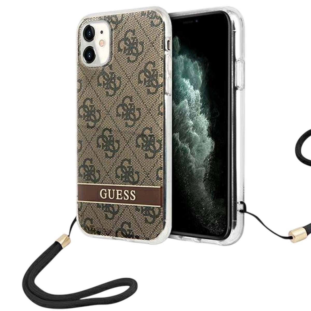 Una custodia per telefono Guess con un motivo marrone e beige, la parola 'GUESS' e un cordino nero. Lo schermo del telefono è visibile.