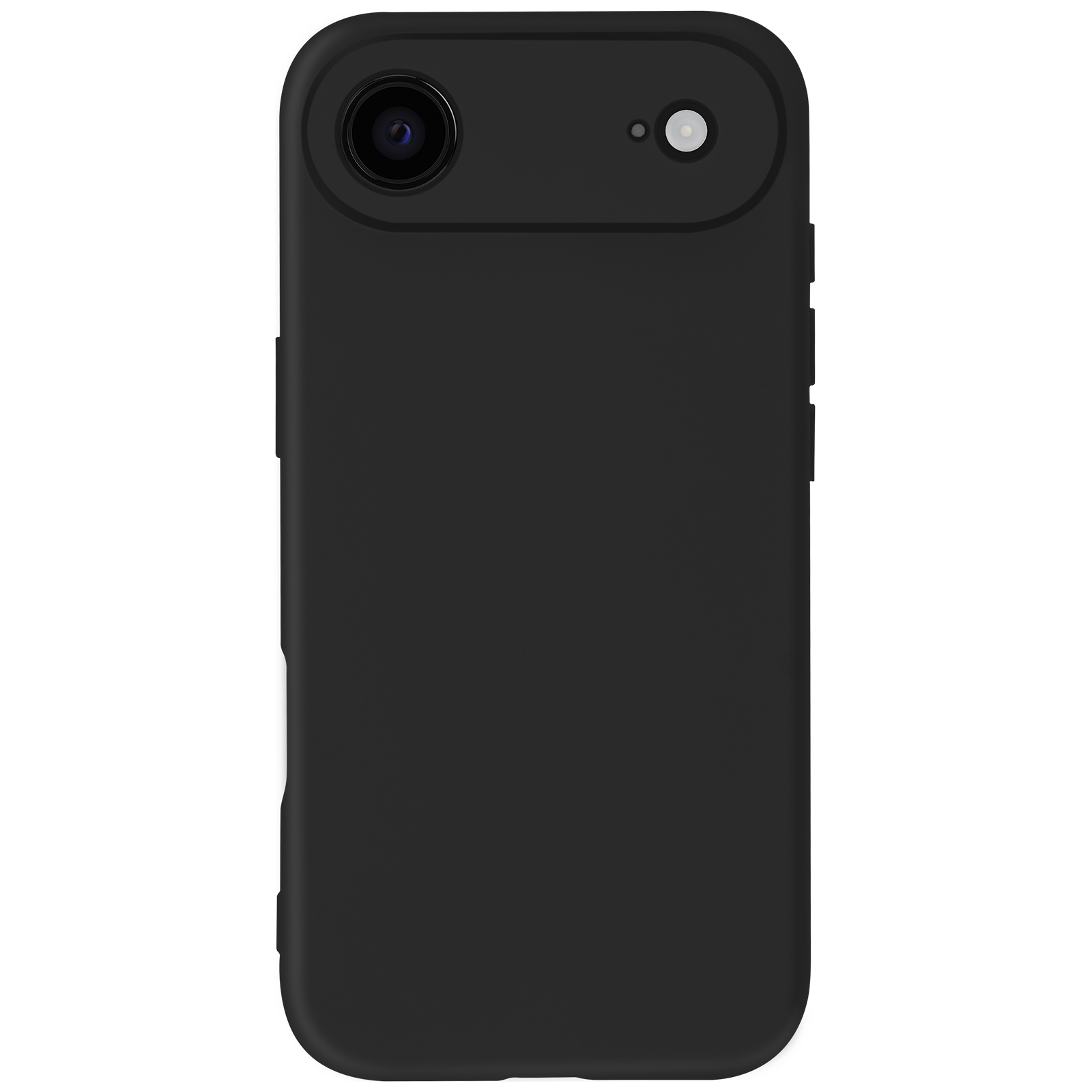Zwarte telefoonhoes met camera en flitser. Afgeronde hoeken, knoppen aan de zijkant en zwarte achtergrond.