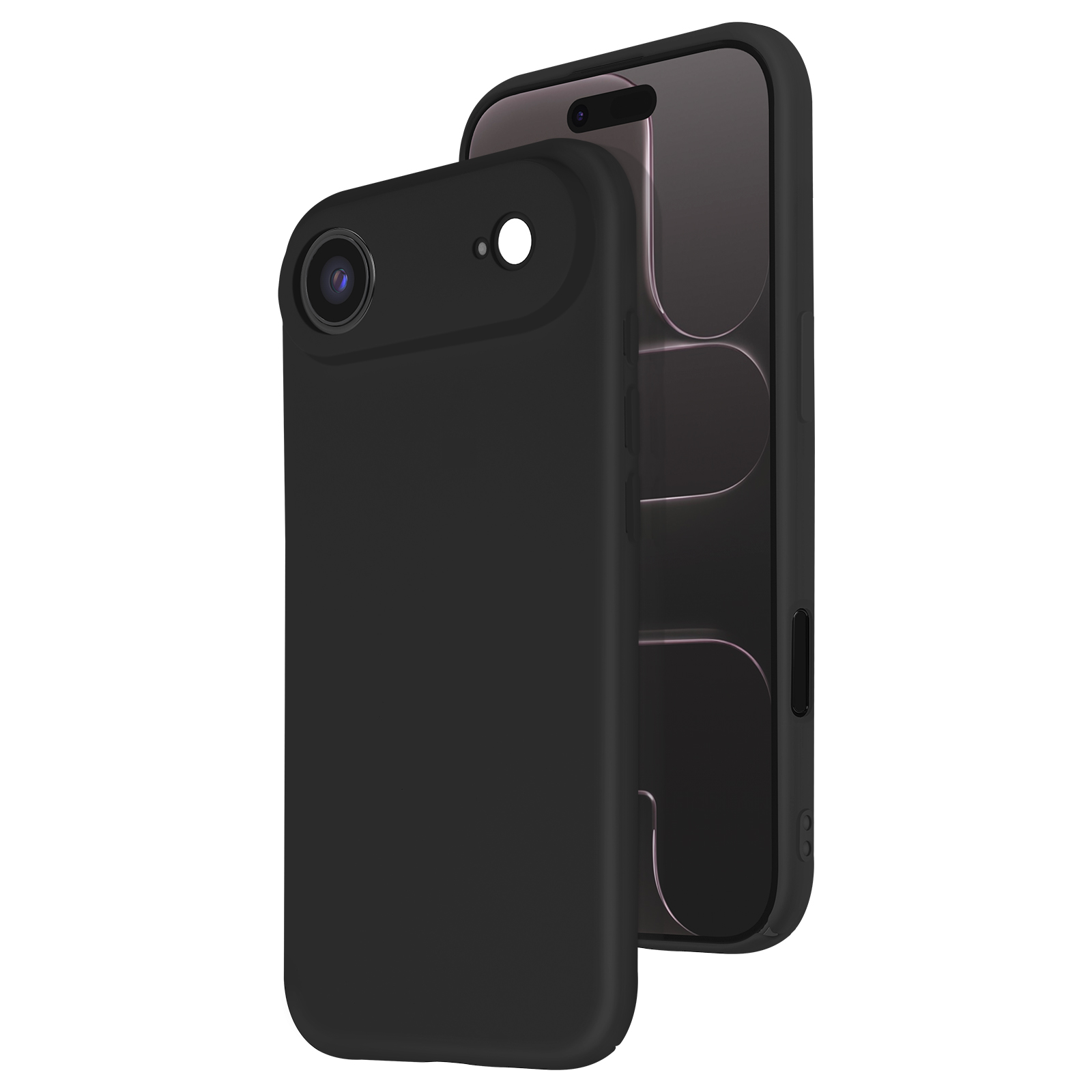Twee zwarte telefoonhoesjes, waarvan één deels de andere bedekt, geïsoleerd op wit. De linker hoes heeft een camera.