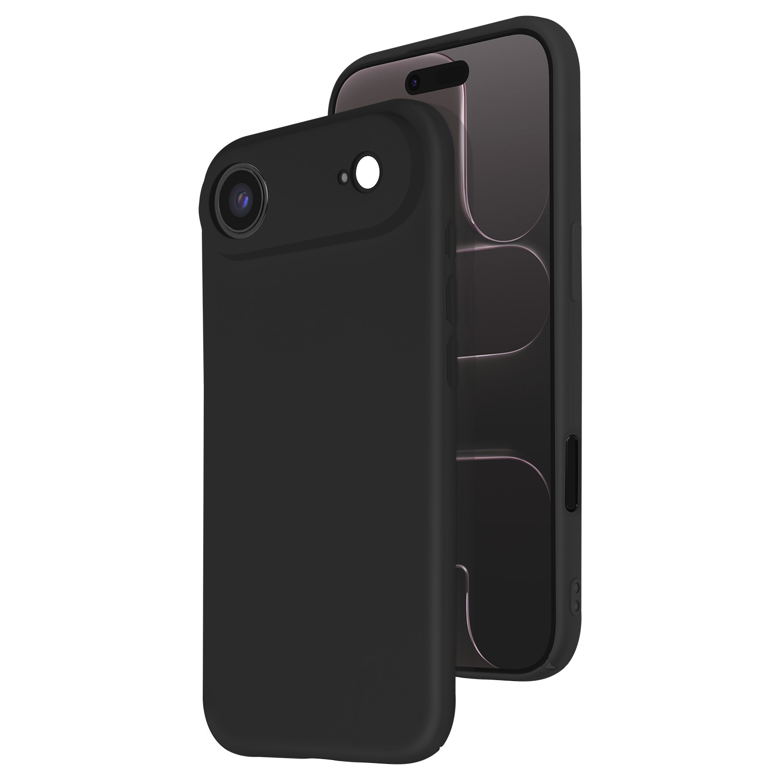 Twee zwarte telefoonhoesjes, één voor de ander. Eén toont de camera en flitser. De andere is een telefoon.