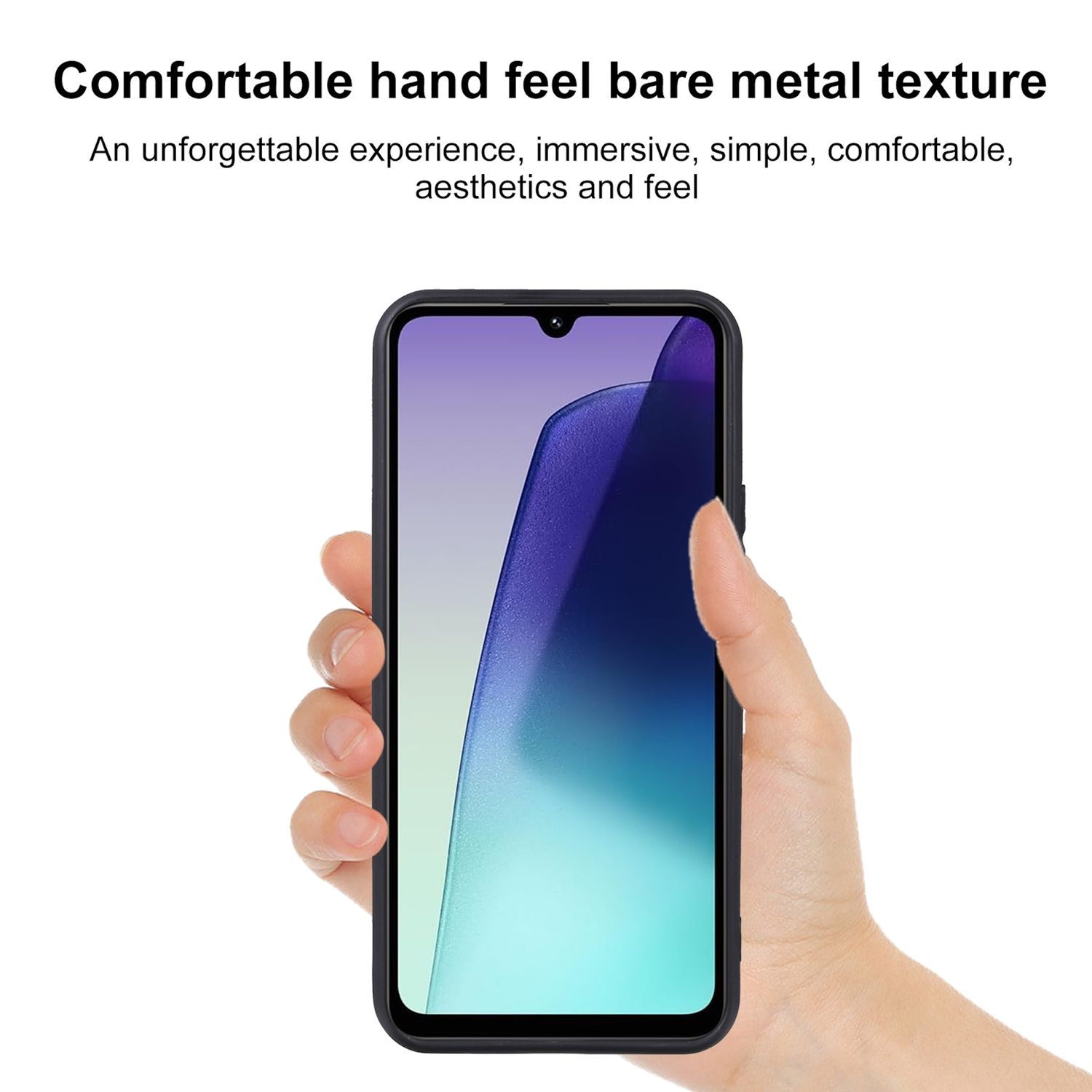 Eine Hand, die ein Smartphone mit schwarzem Gehäuse hält. Der Bildschirm zeigt einen blau-weißen Farbverlauf. Text oben: Angenehmes Handgefühl.