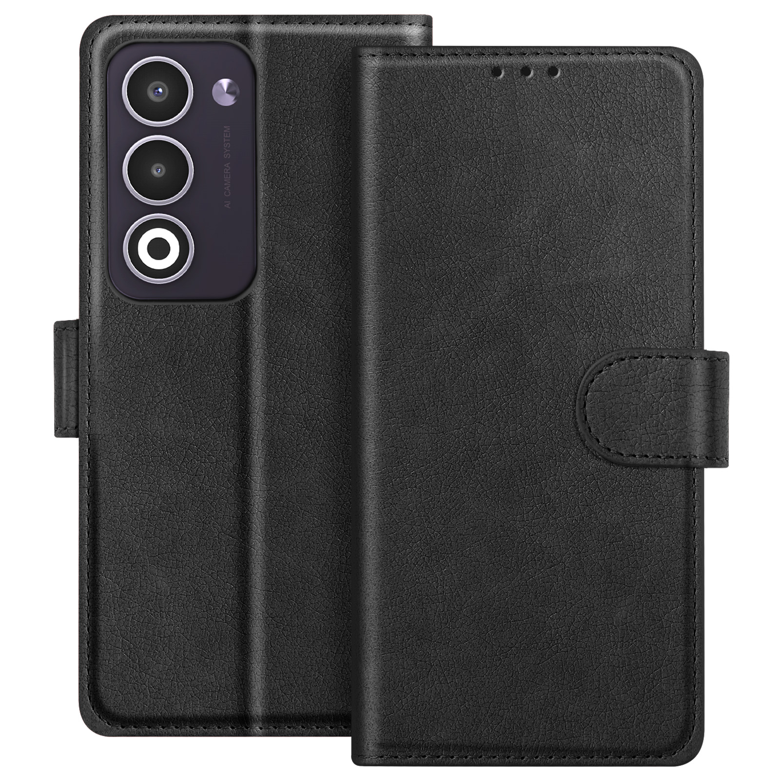 Custodia per telefono in pelle nera, aperta. Caratteristiche: gruppo fotocamere e chiusura magnetica.