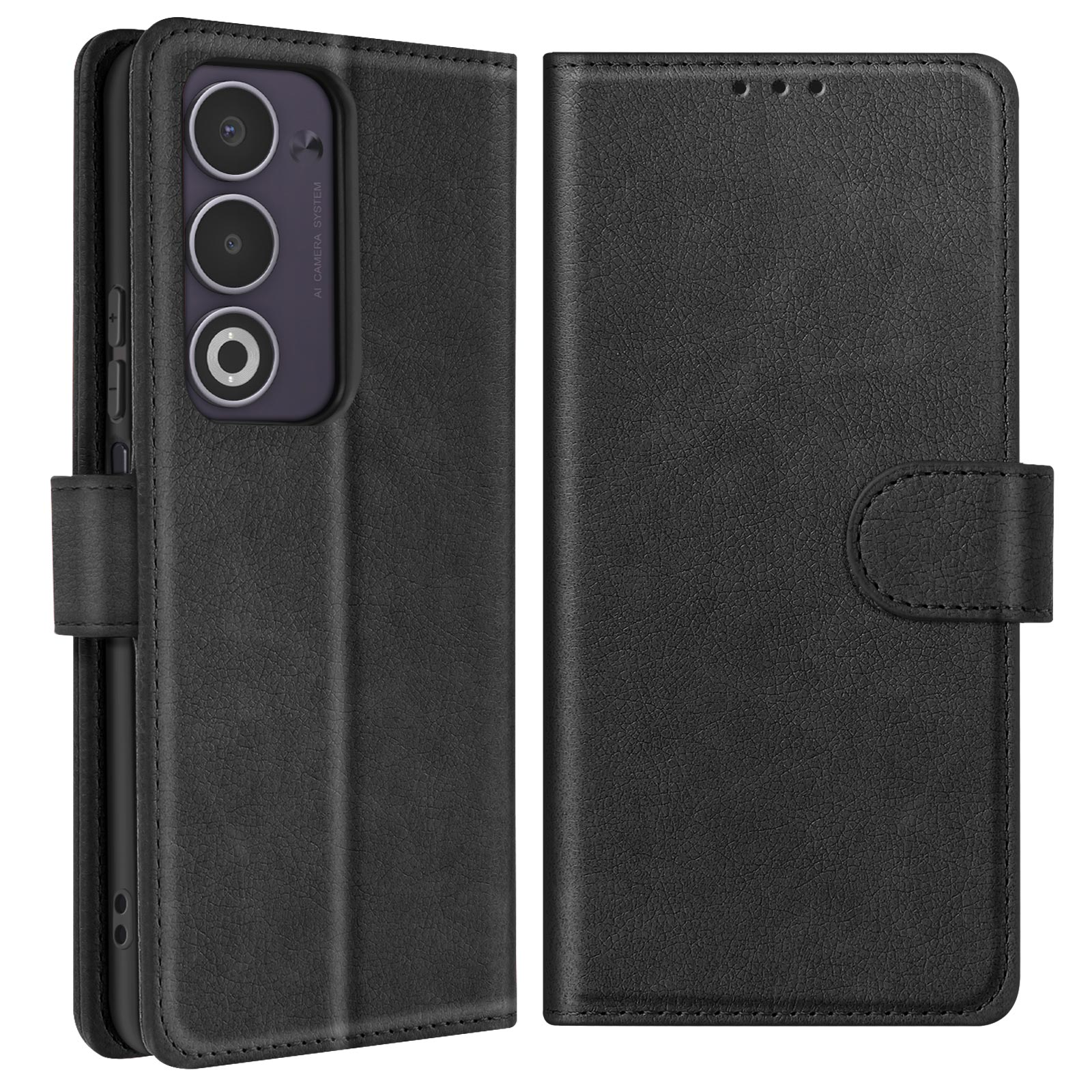 Custodia per telefono in pelle nera, aperta. Presenta ritagli per fotocamera e chiusura magnetica. La custodia è strutturata.