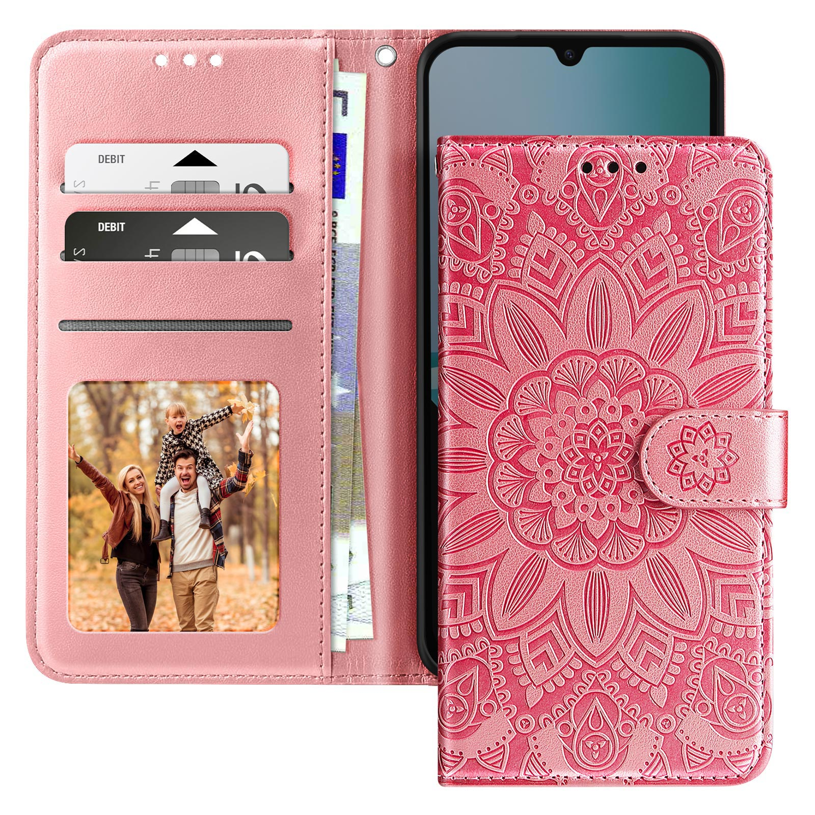 Custodia a portafoglio rosa con telefono, scomparti per carte e foto di famiglia. Custodia con design floreale e chiusura magnetica.