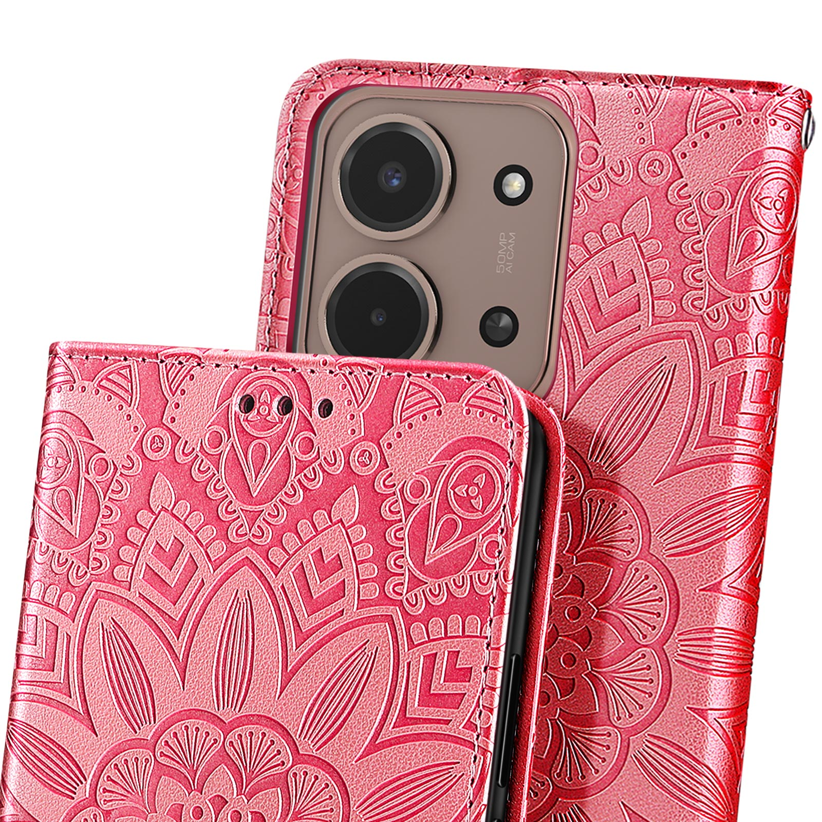 Primo piano di una custodia per telefono rosa con motivo floreale e fotocamera del telefono. La custodia è aperta.