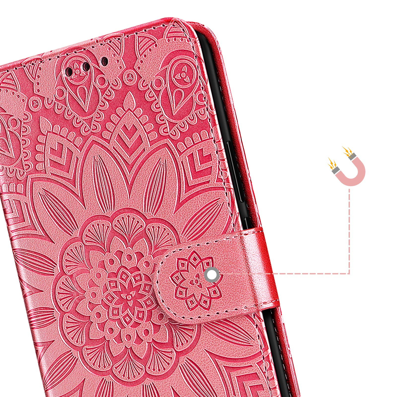 Primo piano di una custodia rosa per telefono con un disegno floreale. Viene mostrata una chiusura magnetica con linee di campo magnetico.