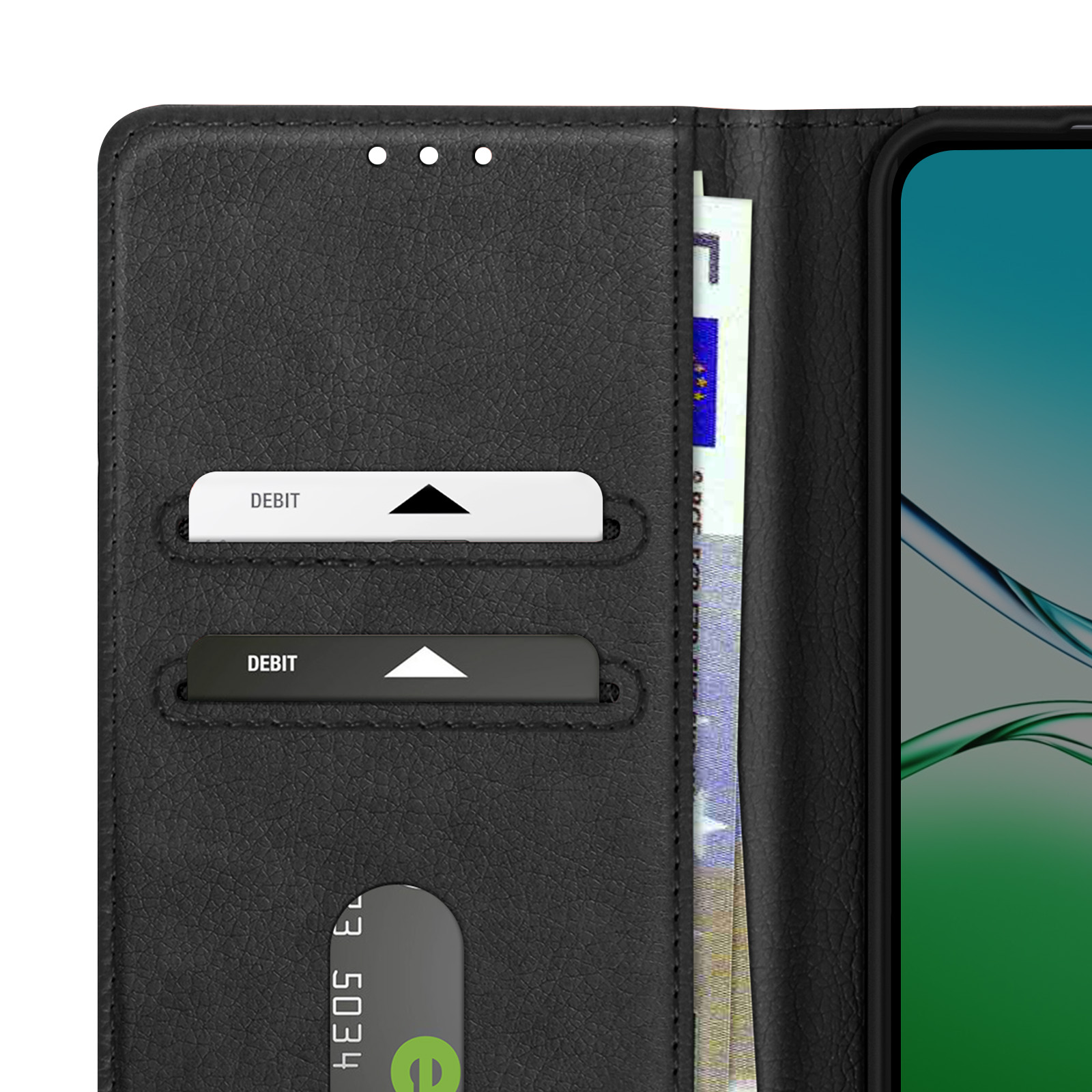 Portafoglio in pelle nera con due carte di debito, banconota in euro e smartphone.