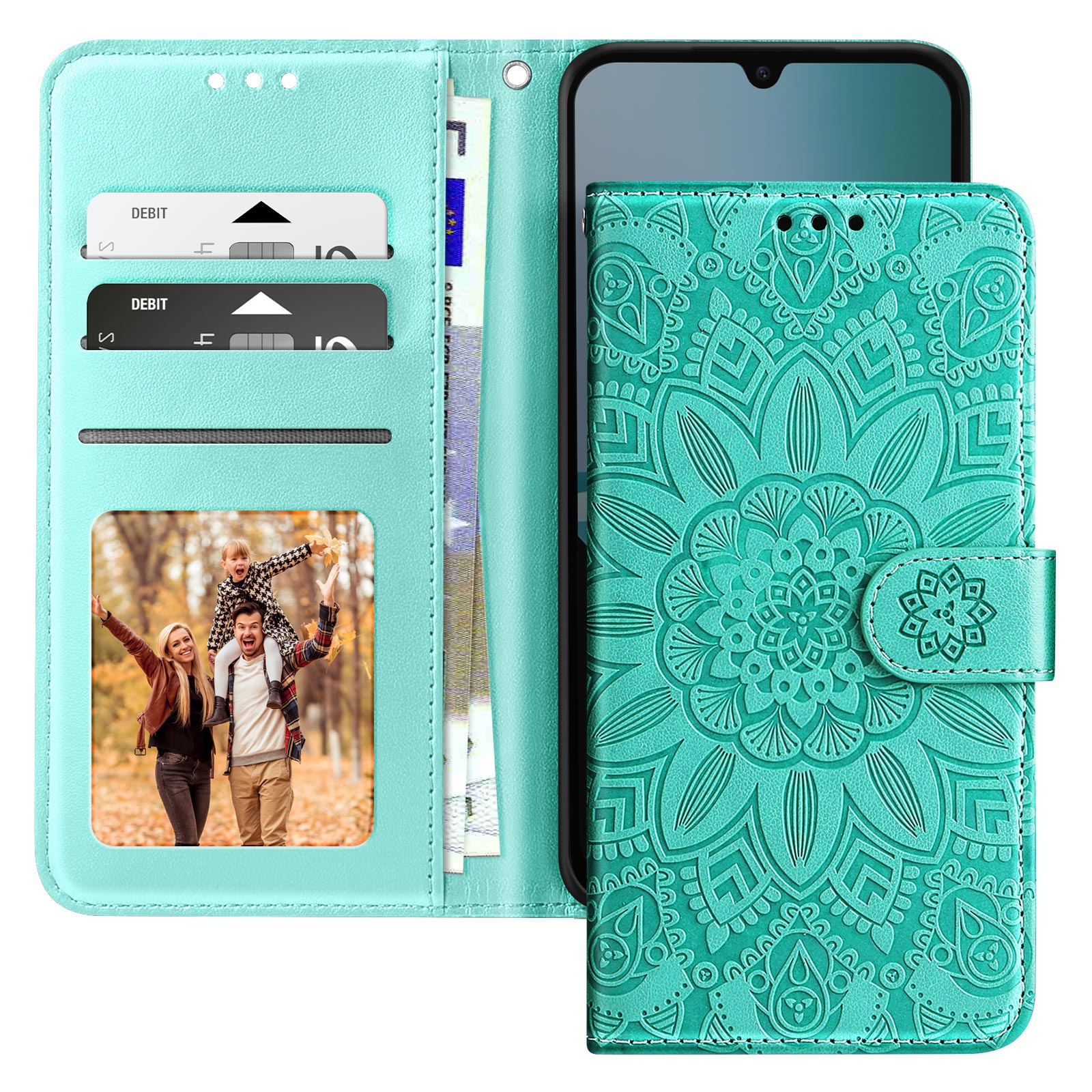 Una custodia per telefono turchese con un design a mandala, che tiene un telefono. Ha slot per schede, una foto di famiglia e banconote in euro.