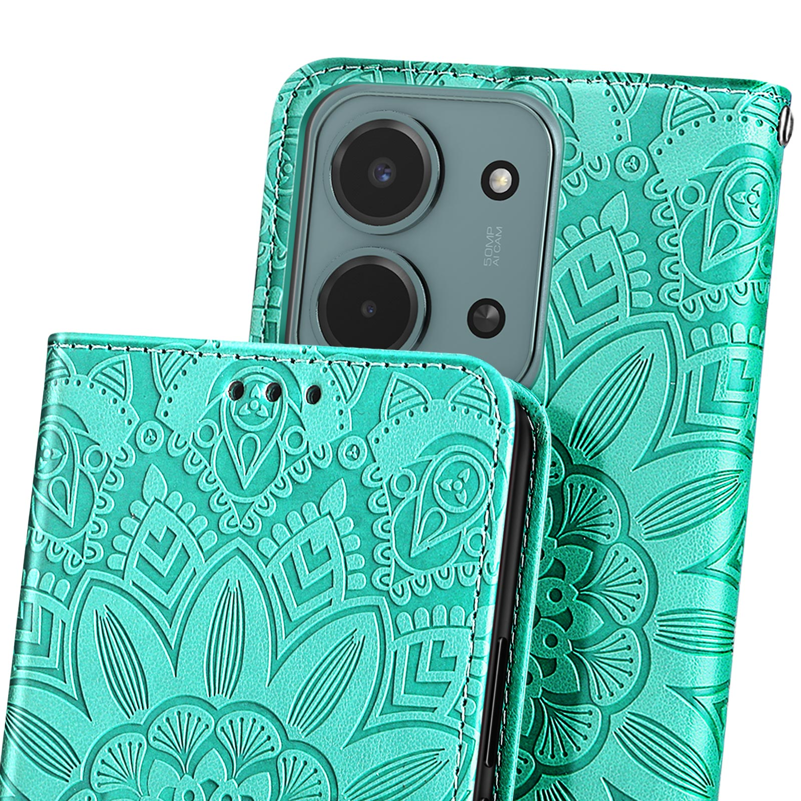 Una custodia per telefono verde acqua con un motivo floreale, aperta per rivelare un telefono con fotocamere. È una custodia in stile pelle.