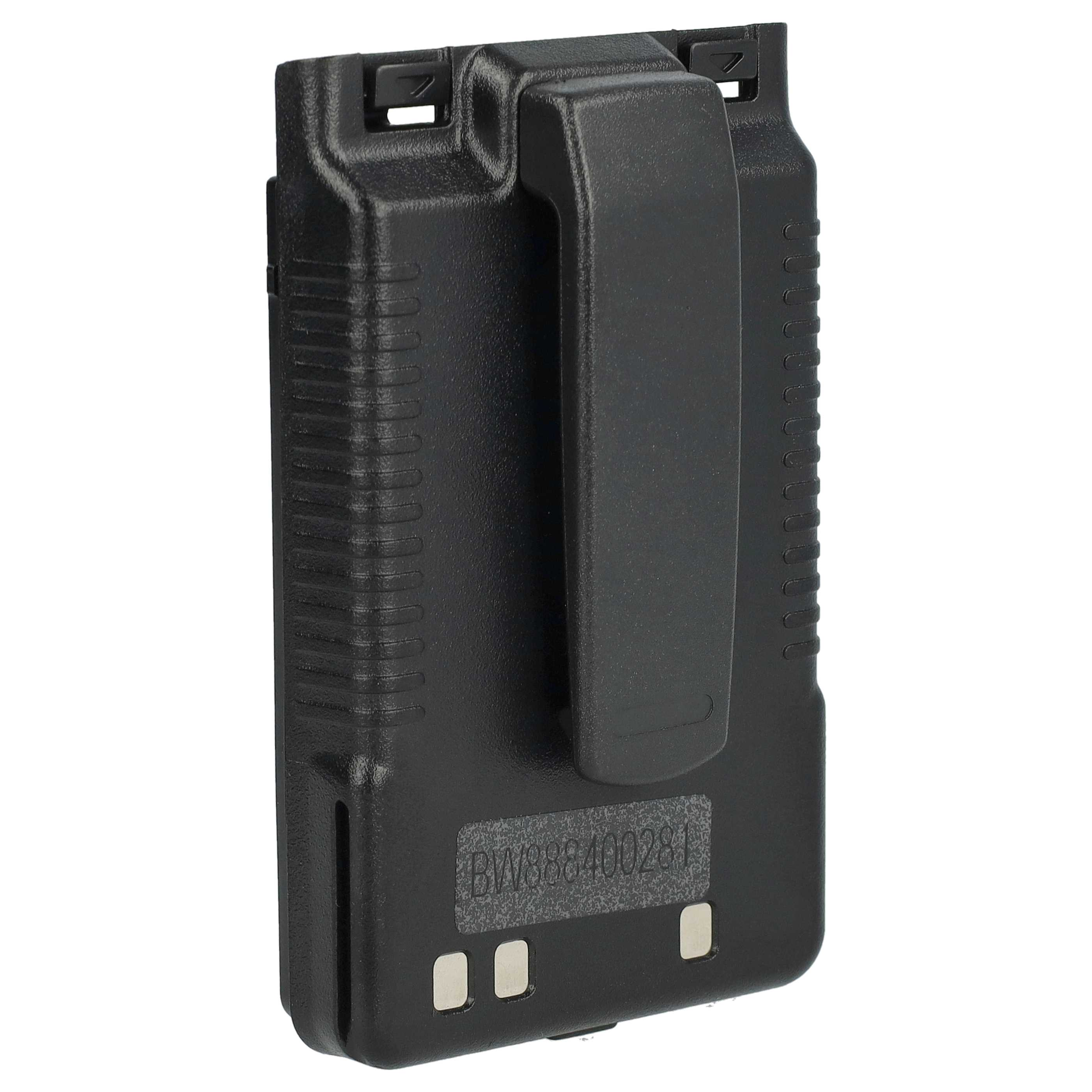 Schwarzes, rechteckiges Gerät mit Gürtelclip. Das Gerät hat ein Etikett mit Text und zwei silbernen Quadraten.
