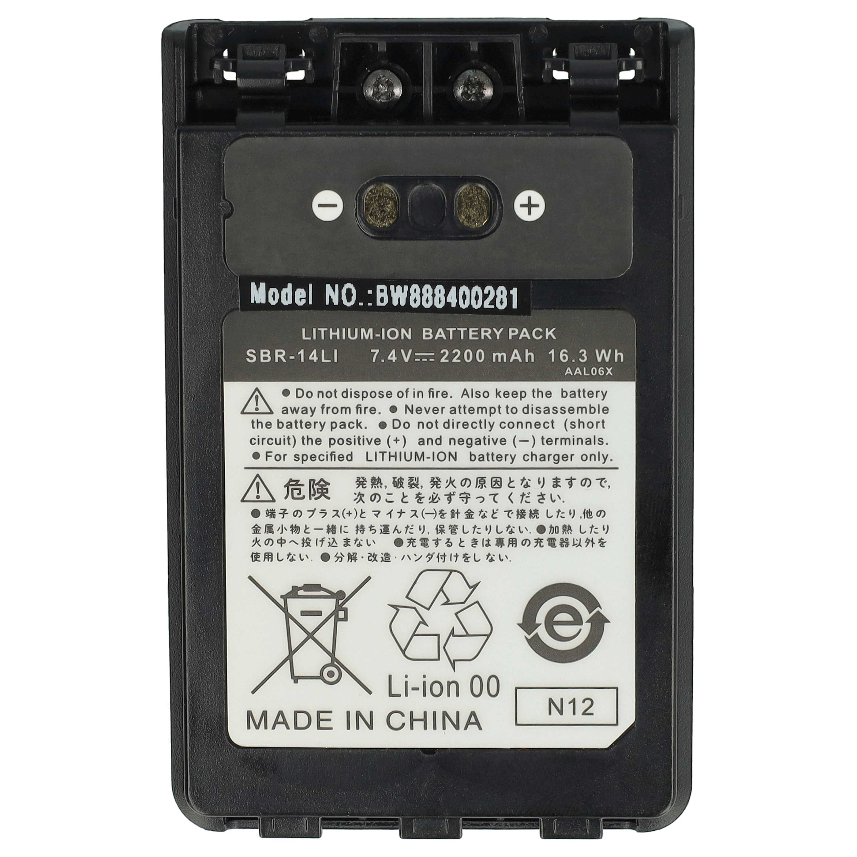 Schwarzer Lithium-Ionen-Akkupack mit Warnhinweisen und Spezifikationen. Die Modellnummer ist sichtbar.