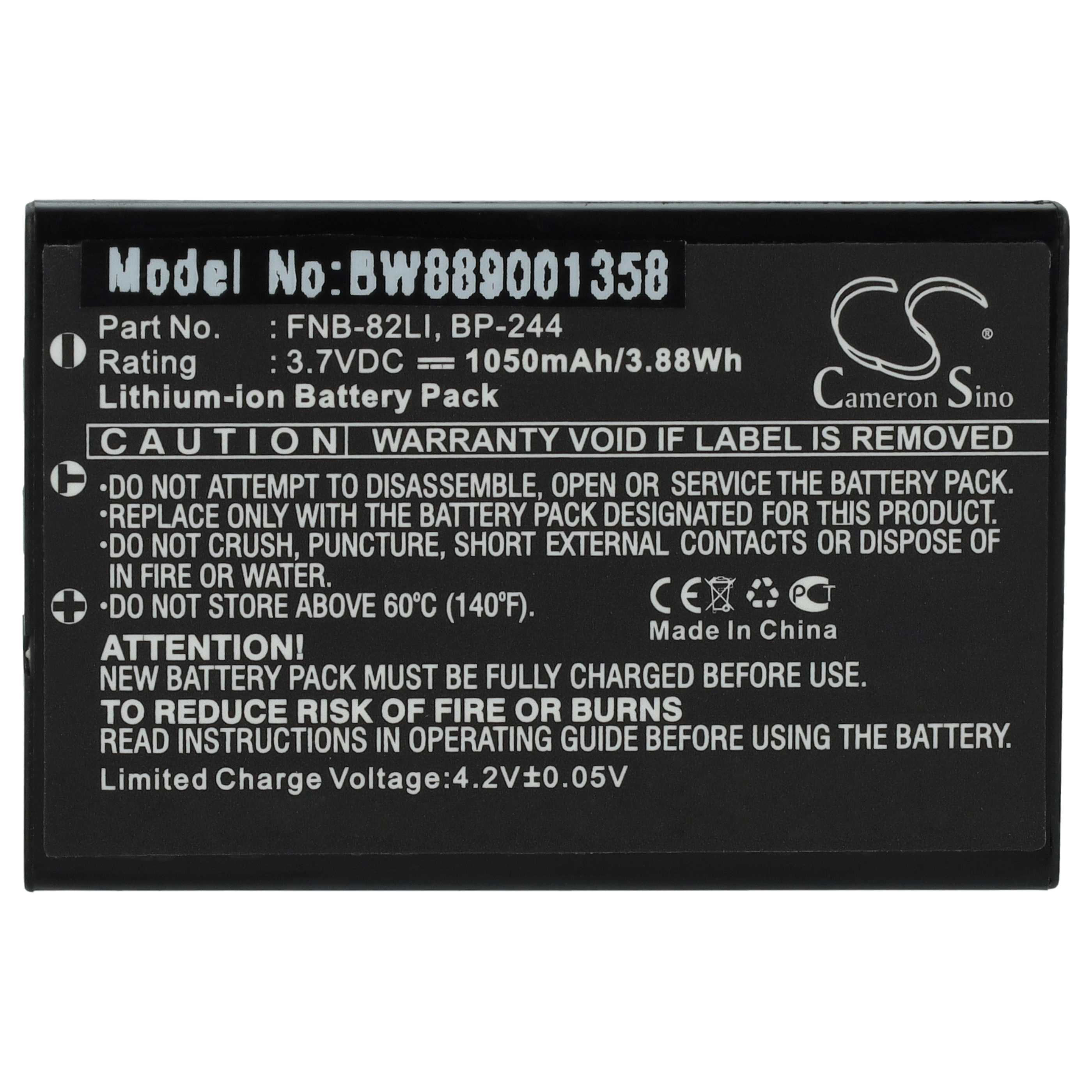 Ein schwarzes Akkupack mit weißen Textdetails. Enthält Modell, Teilenummer, Bewertung und einen Vorsichthinweis.
