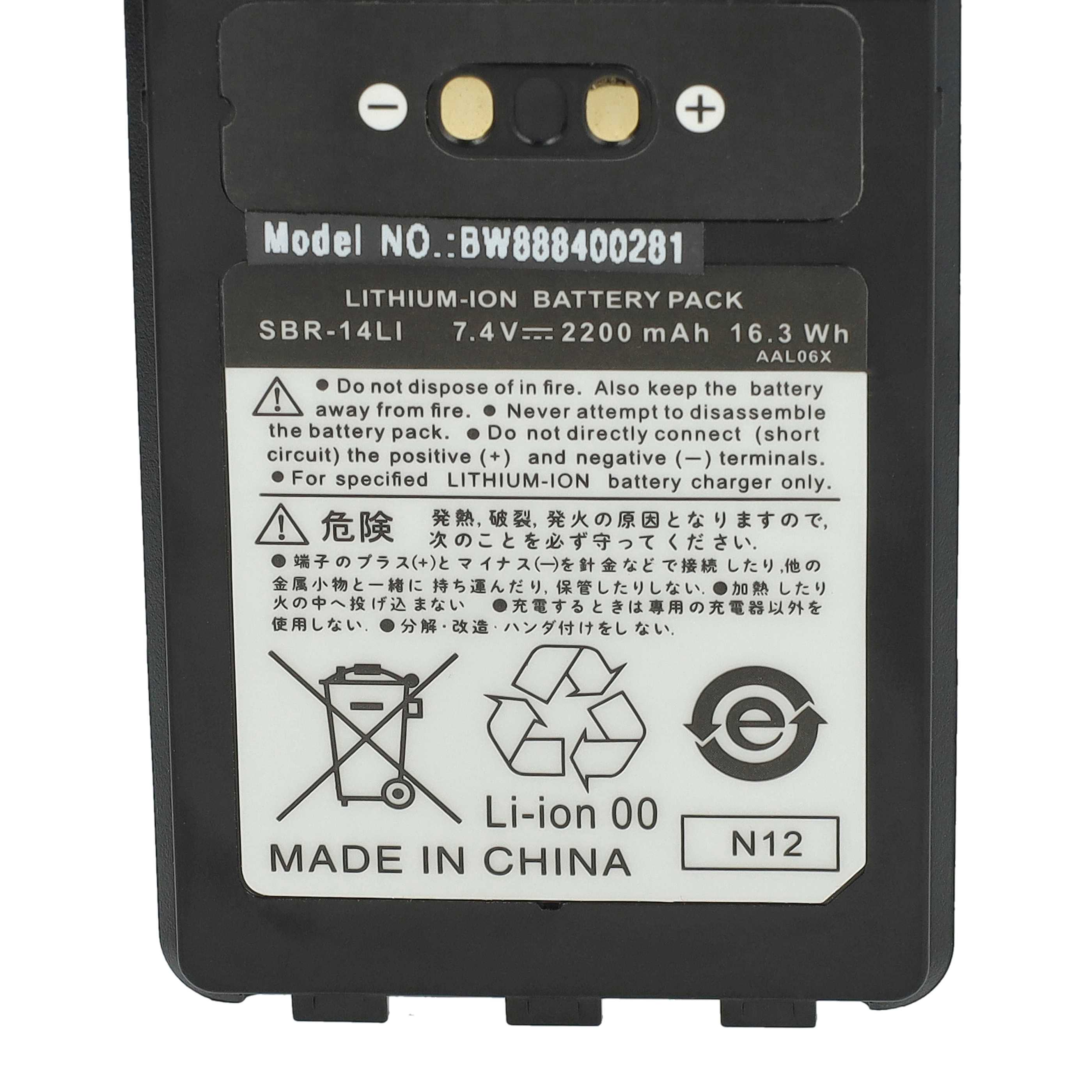 Ein schwarzes Lithium-Ionen-Akkupack. Text enthält Modellnummer, Warnhinweise und Recycling-Symbole.