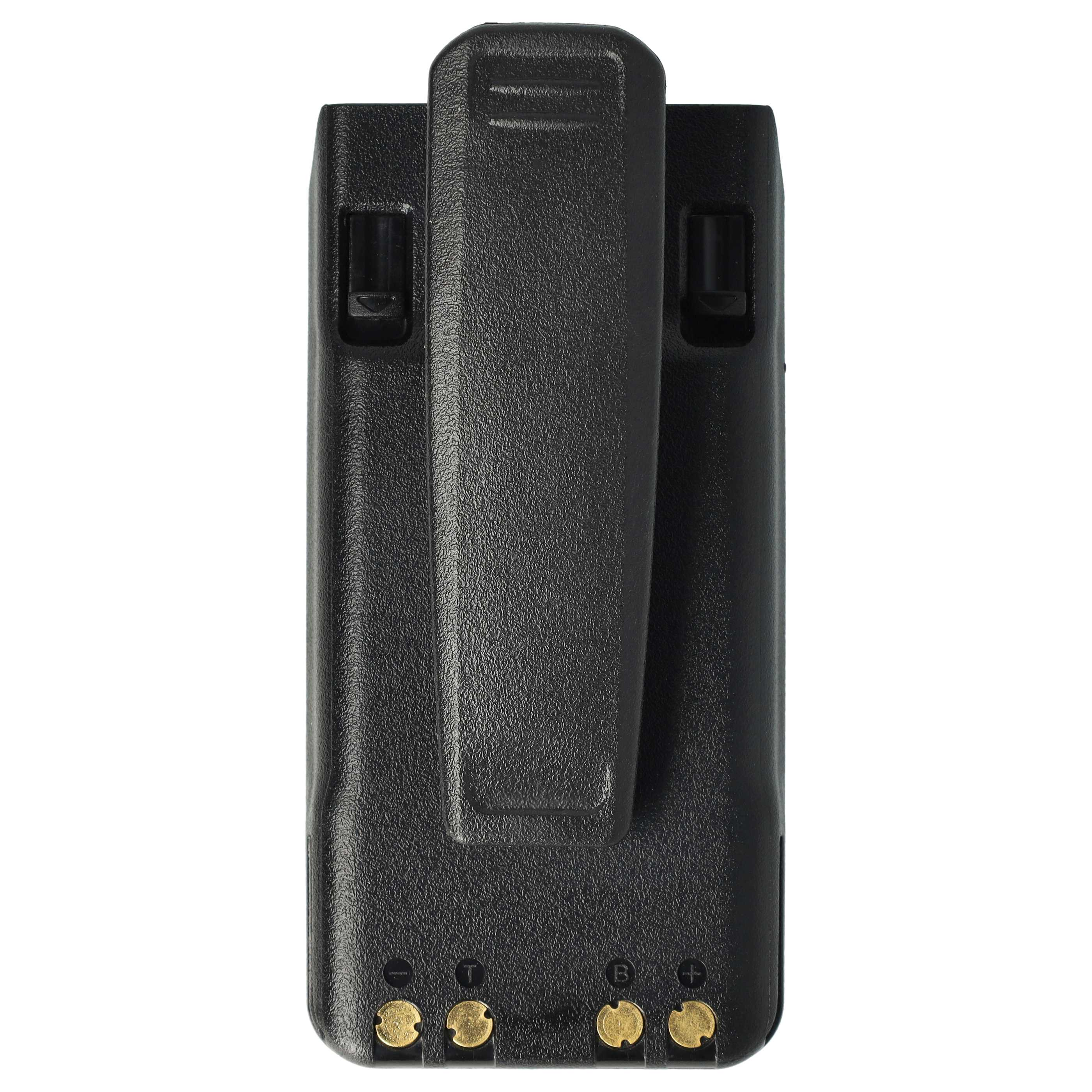 Ein schwarzer Walkie-Talkie-Akkupack mit Clip auf der Rückseite. Der Boden hat goldfarbene Kontaktpunkte.