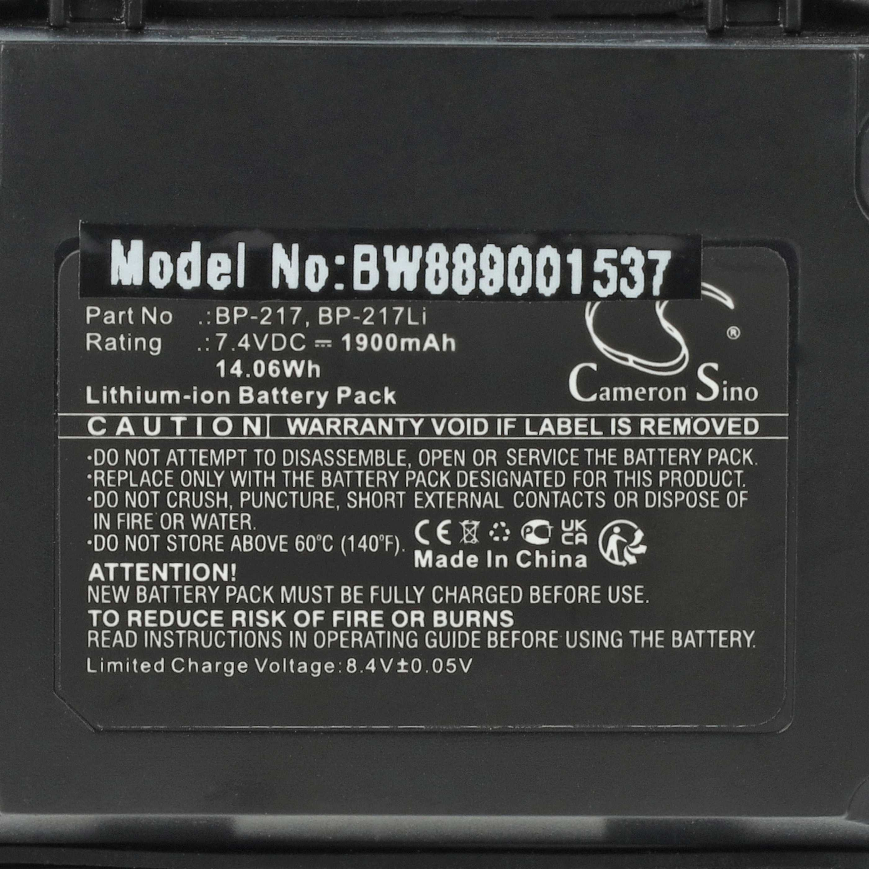 Ein schwarzes Batteriepack-Etikett mit weißem Text. Es enthält Modell- und Teilenummern, Spannung und Sicherheitshinweise.