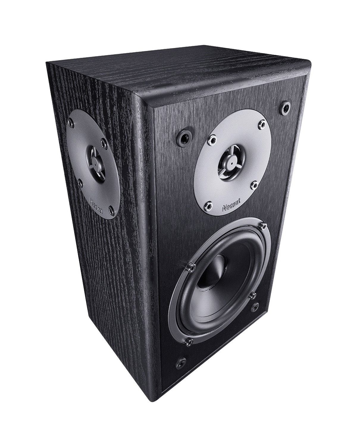 Czarny głośnik ze srebrnymi elementami głośnikowymi. Głośnik ma drewnianą fakturę. Tło jest białe.