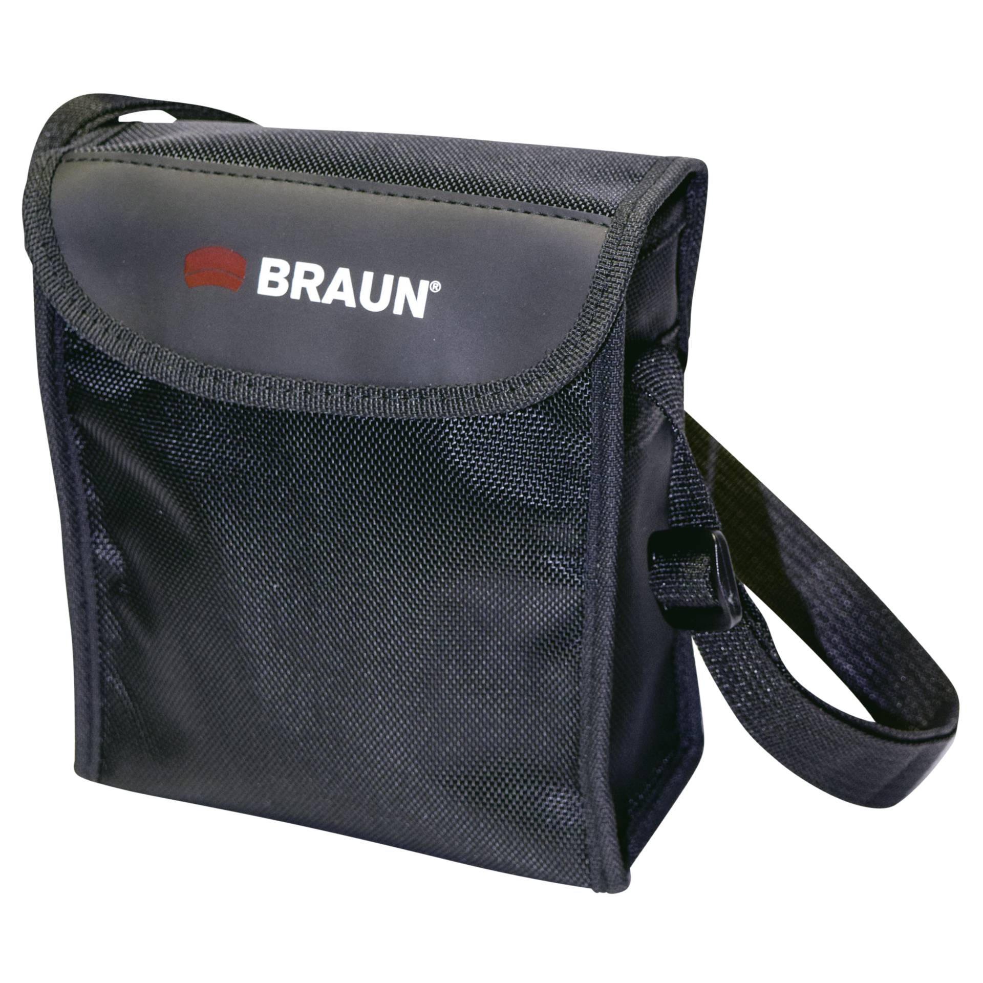 Bolsa negra Braun con bandolera. El nombre de la marca es visible. El fondo es blanco liso.