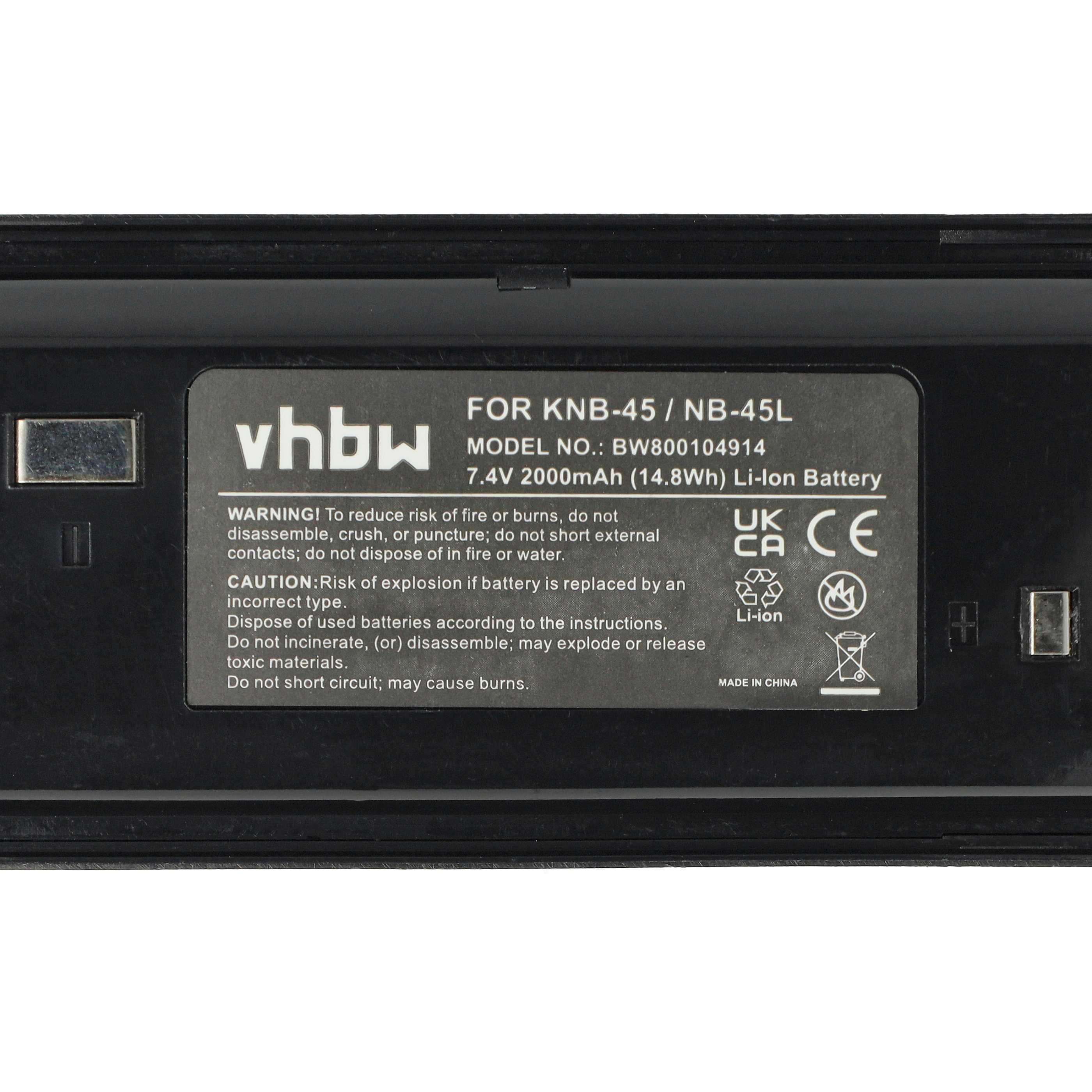 Ein schwarzer Akku mit weißem Text, Warnungen und Symbolen. Er trägt die Aufschrift 'vhbw' und 'Li-Ion Battery', mit Sicherheitshinweisen.