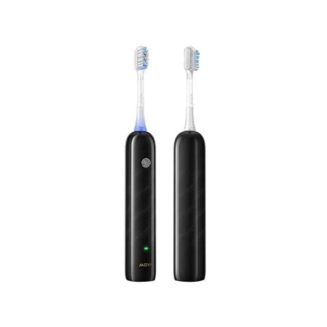 Dos cepillos de dientes eléctricos negros. Cada uno tiene un cabezal blanco con cerdas azules y un mango negro con un símbolo de huella dactilar.