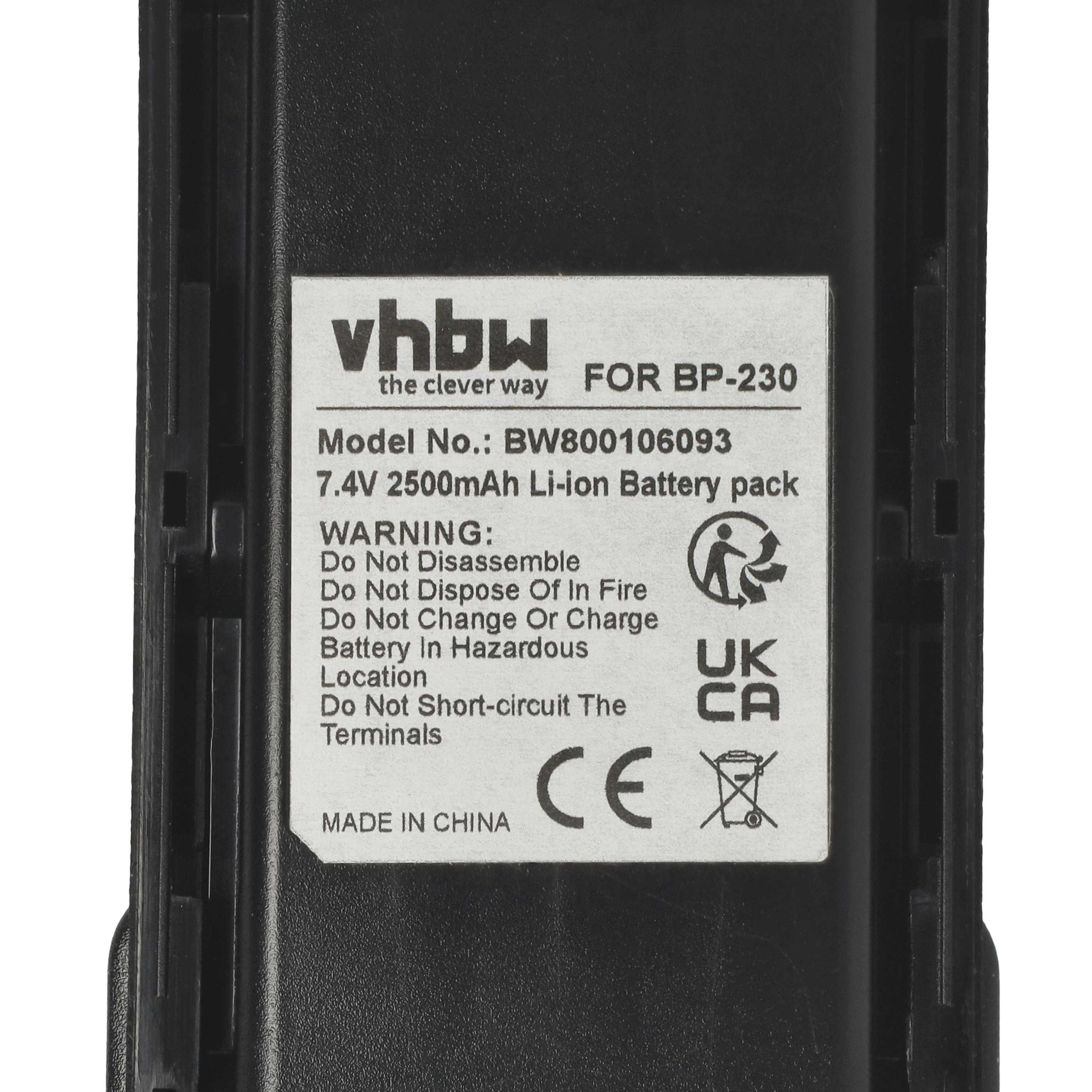 Ein schwarzes Akkupack mit weißem Etikett. Text enthält 'vhbw', '7,4V 2500mAh' und Warnungen. Hergestellt in China.