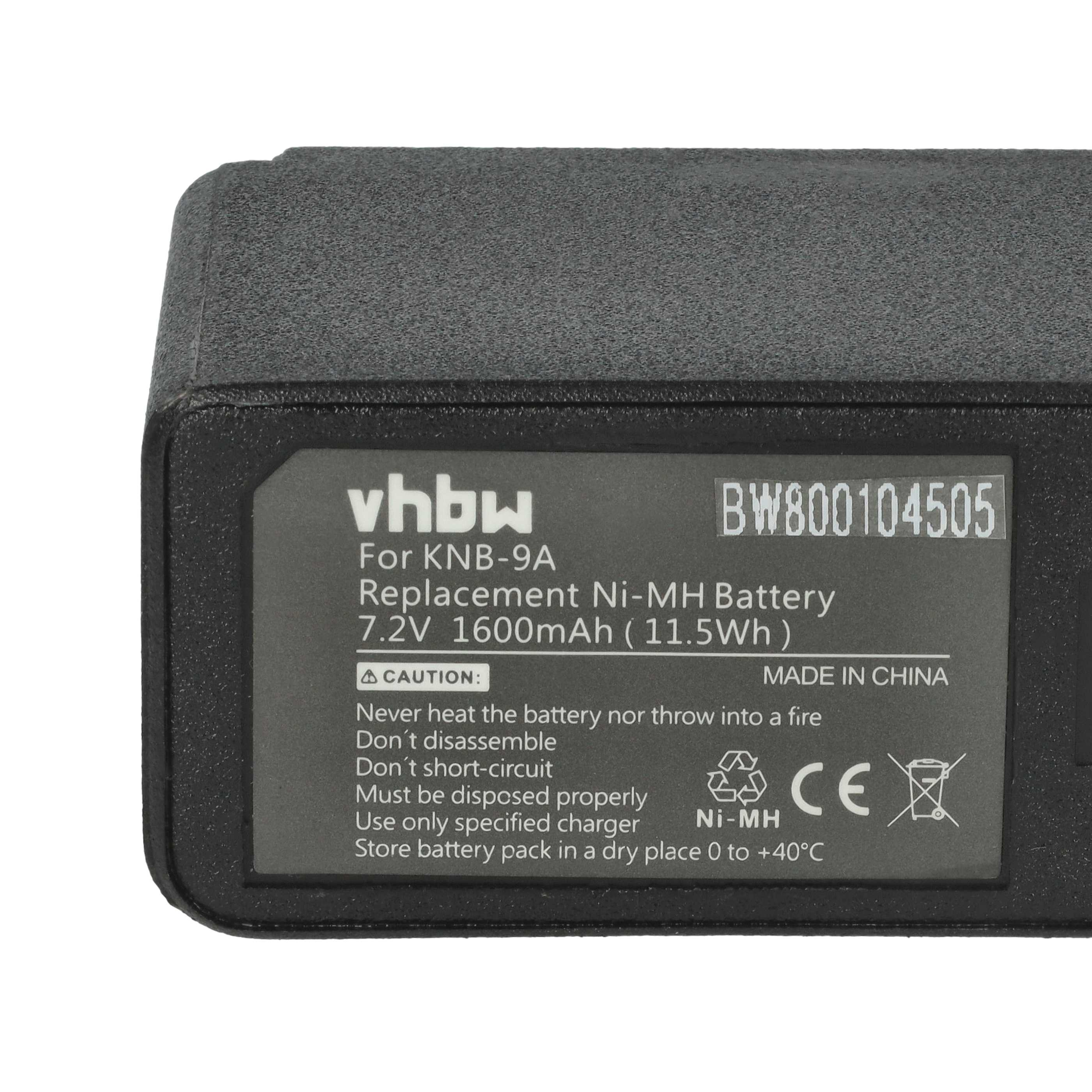 Ein schwarzer Akku mit weißem Text, darunter 'vhbw', 'Ni-MH Battery' und Sicherheitshinweise, vor weißem Hintergrund.