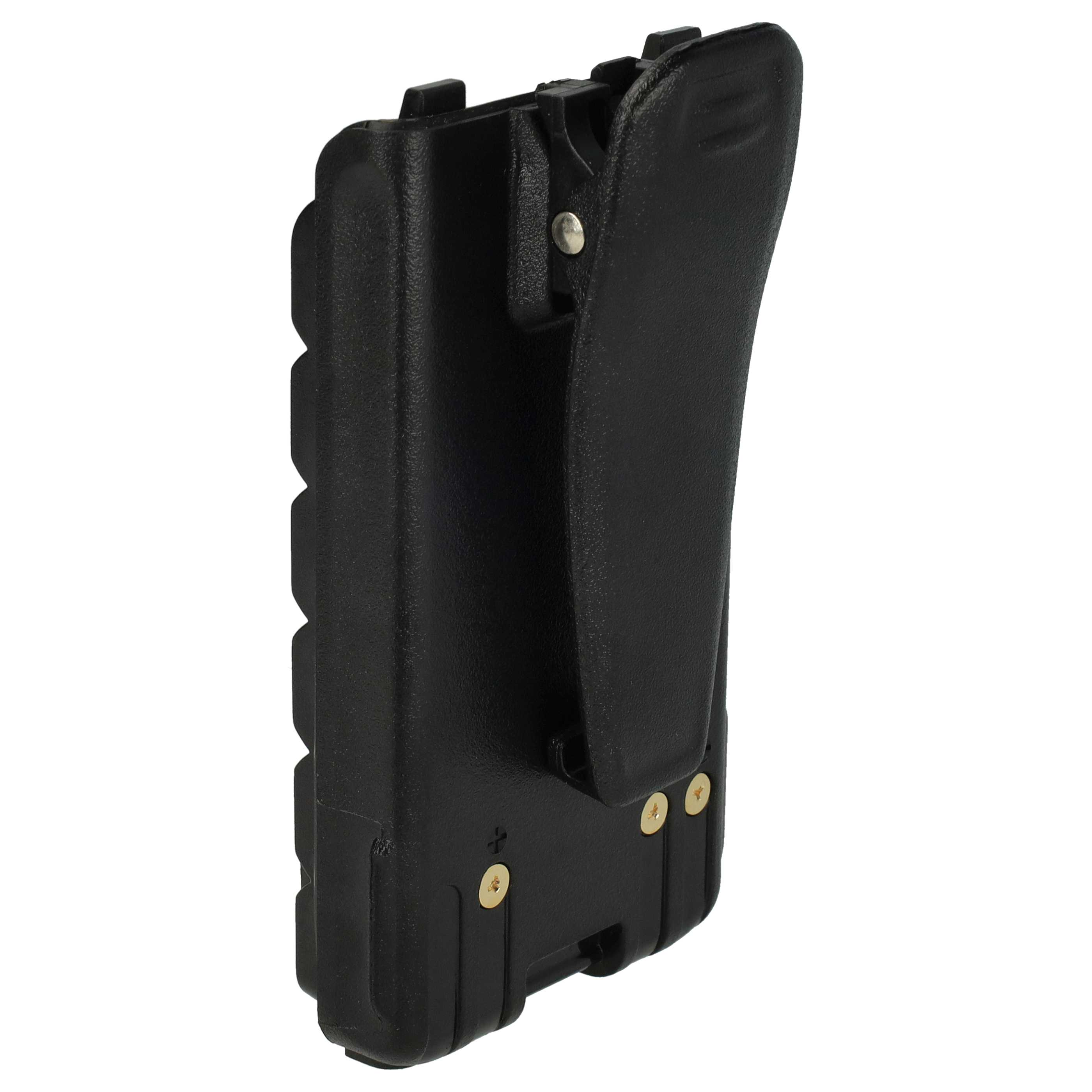 Eine schwarze, Kunststoff-Funkgeräte-Batteriehülle mit Gürtelclip. Die Hülle hat eine strukturierte Oberfläche und goldene Schrauben.