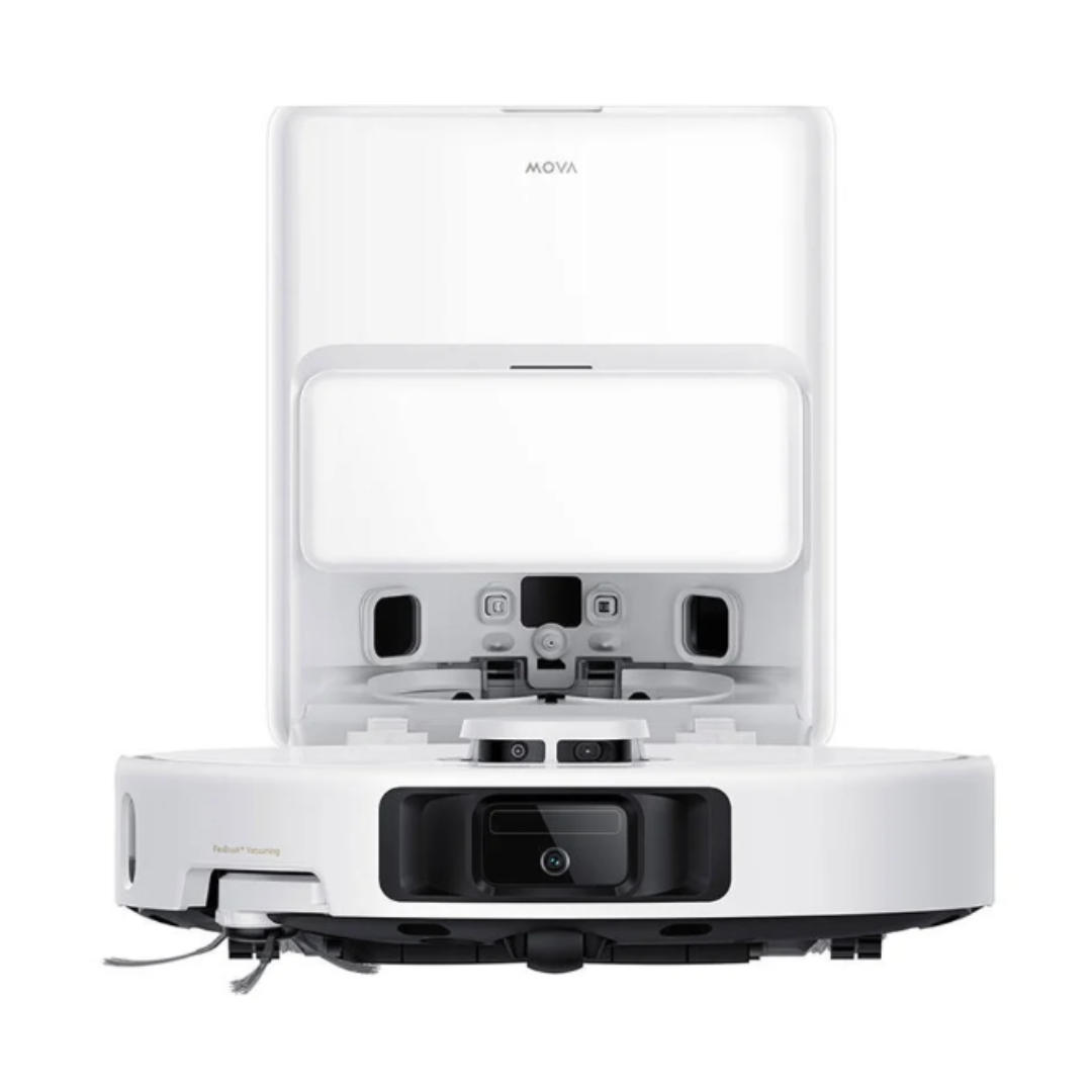 Una aspiradora robot blanca. Tiene una parte superior rectangular con MOVA escrito y una base circular. Tiene sensores y una cámara.