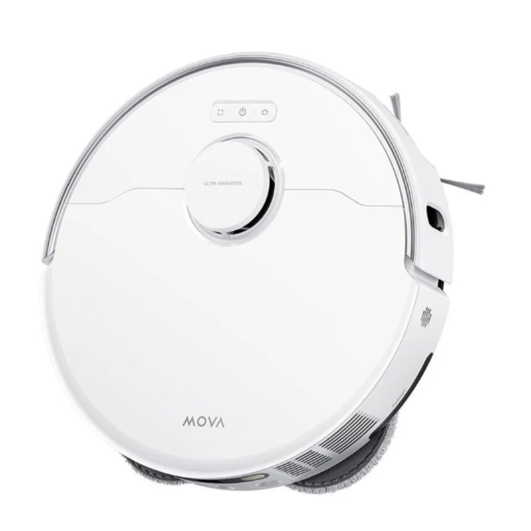 Una aspiradora robot MOVA blanca. Tiene forma redonda con un área de navegación central y botones de control.