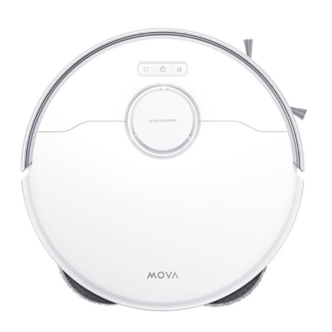 Una aspiradora robot MOVA blanca. Tiene botones arriba, un círculo central con 'ULTRA NAVIGATION' y un cepillo de limpieza.