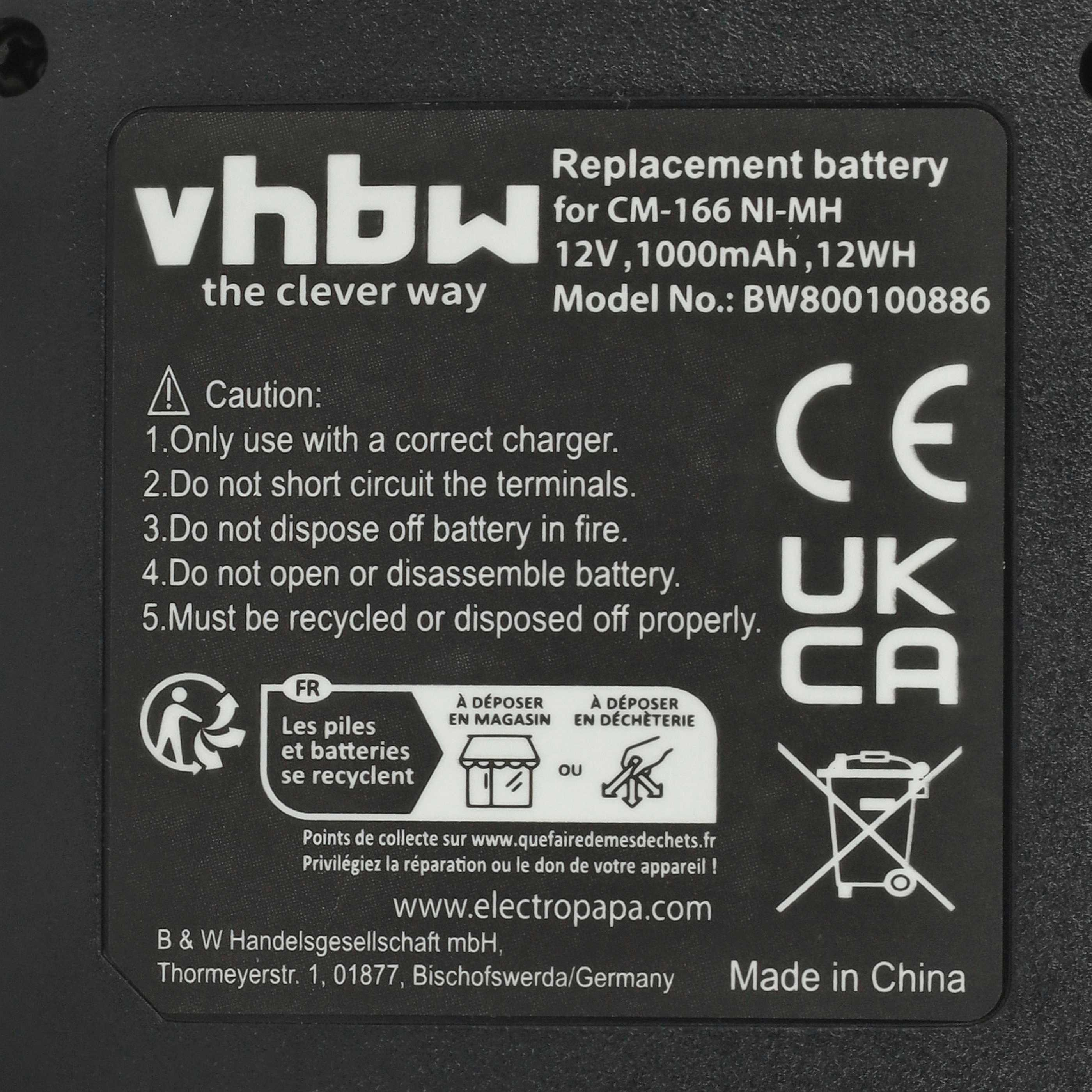 Schwarzes Batterieetikett mit weißem Text. Enthält Warnhinweise, Recycling-Symbole und Produktinformationen.