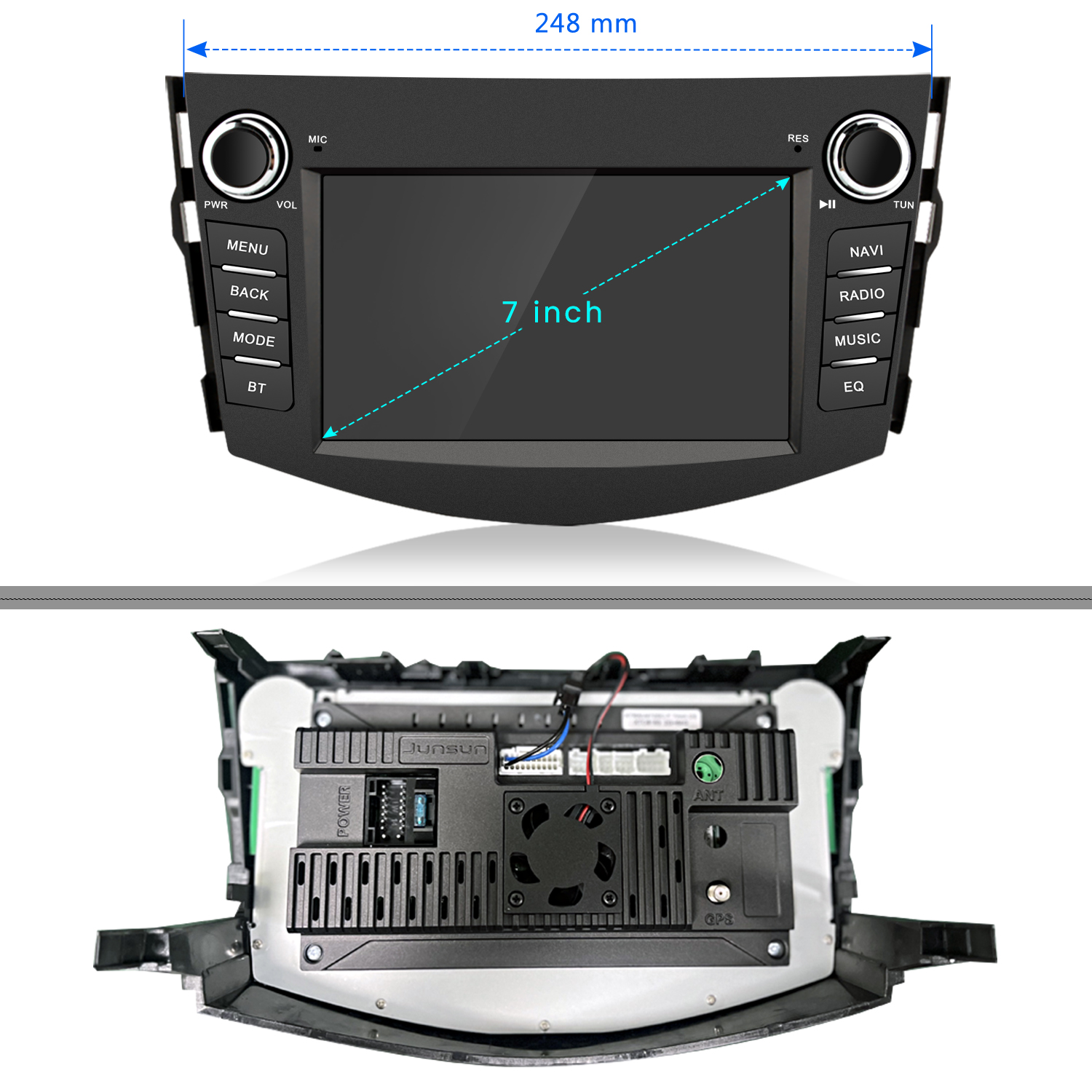 Ein Auto-Multimedia-Player mit 7-Zoll-Bildschirm. Er hat Tasten für Menü, Zurück, Modus, BT, Navi, Radio, Musik und EQ. Die Rückseite zeigt Strom und andere Komponenten.