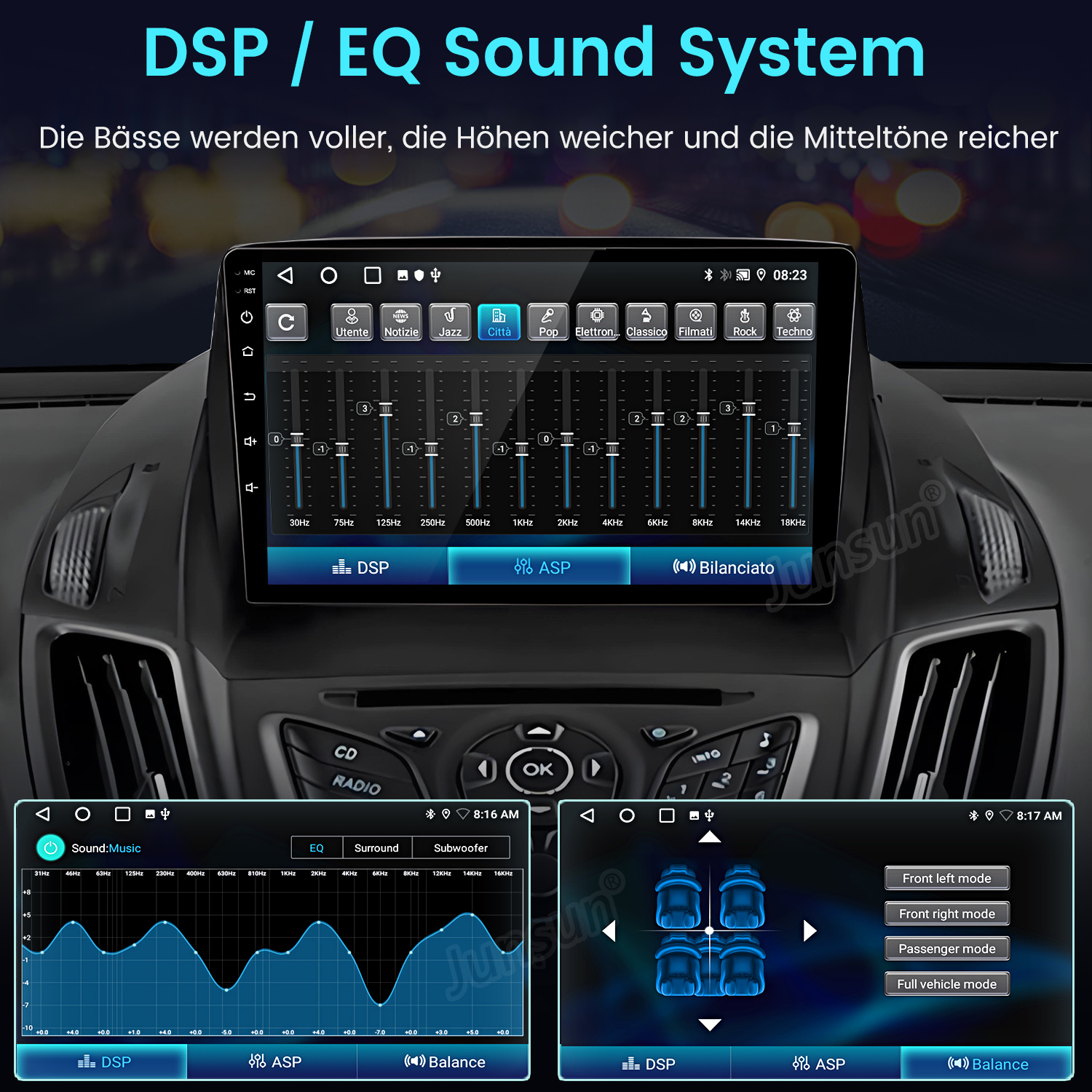 Auto-Audiosystembildschirm mit Equalizer-Einstellungen und Audiosteuerung. Hintergrund zeigt das Armaturenbrett des Autos.