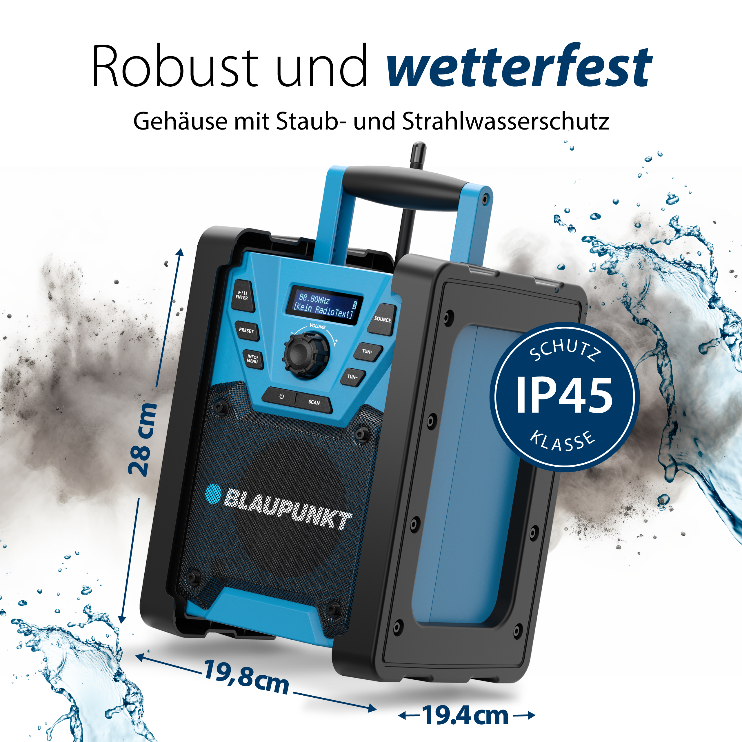 Blaupunkt-Radio in Blau und Schwarz mit Wasserspritzer. Es hat die Schutzart IP45 und ist 28 cm hoch.