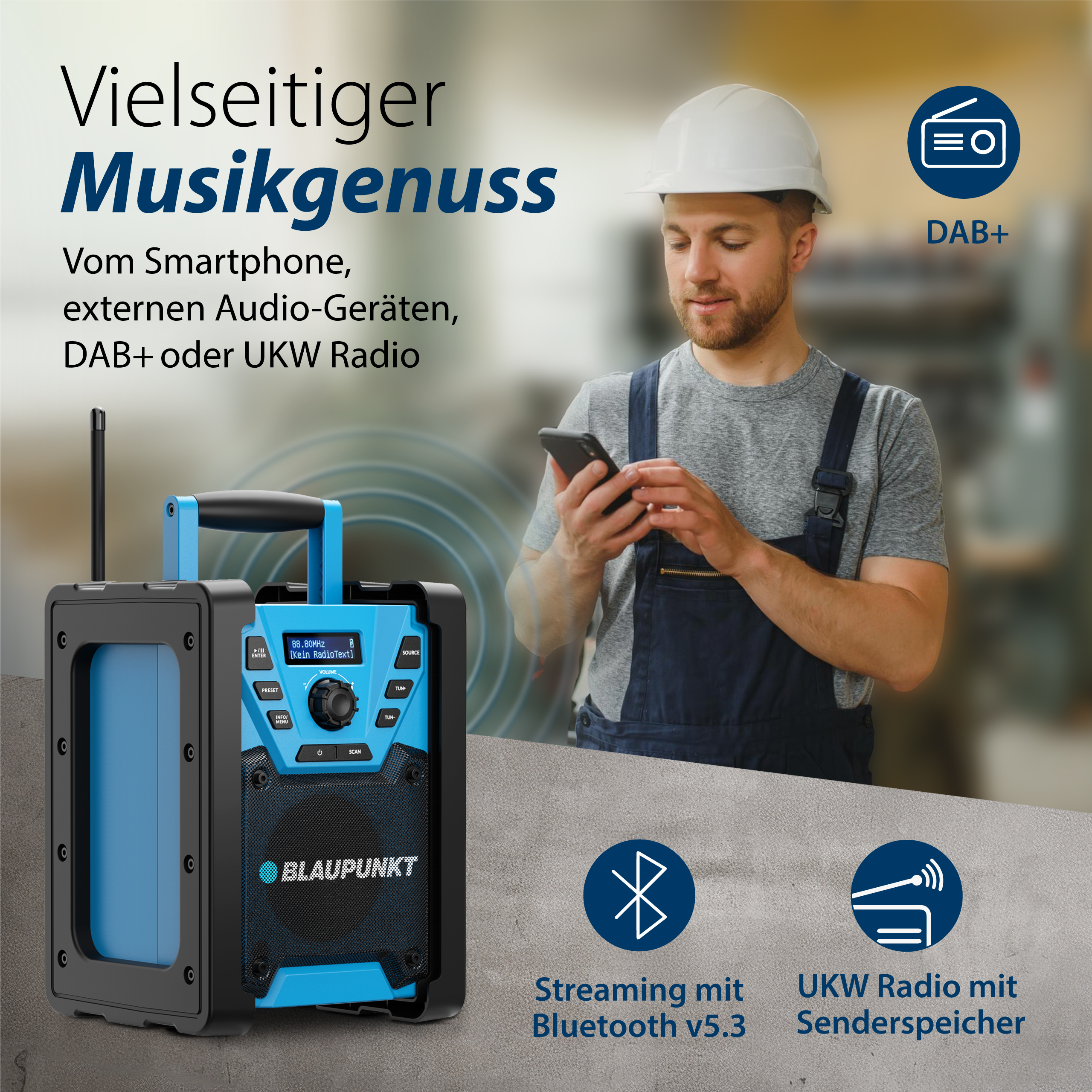 Mann in Overalls und Helm benutzt ein Telefon, Radio im Vordergrund, Text: Vielseitiger Musikgenuss.