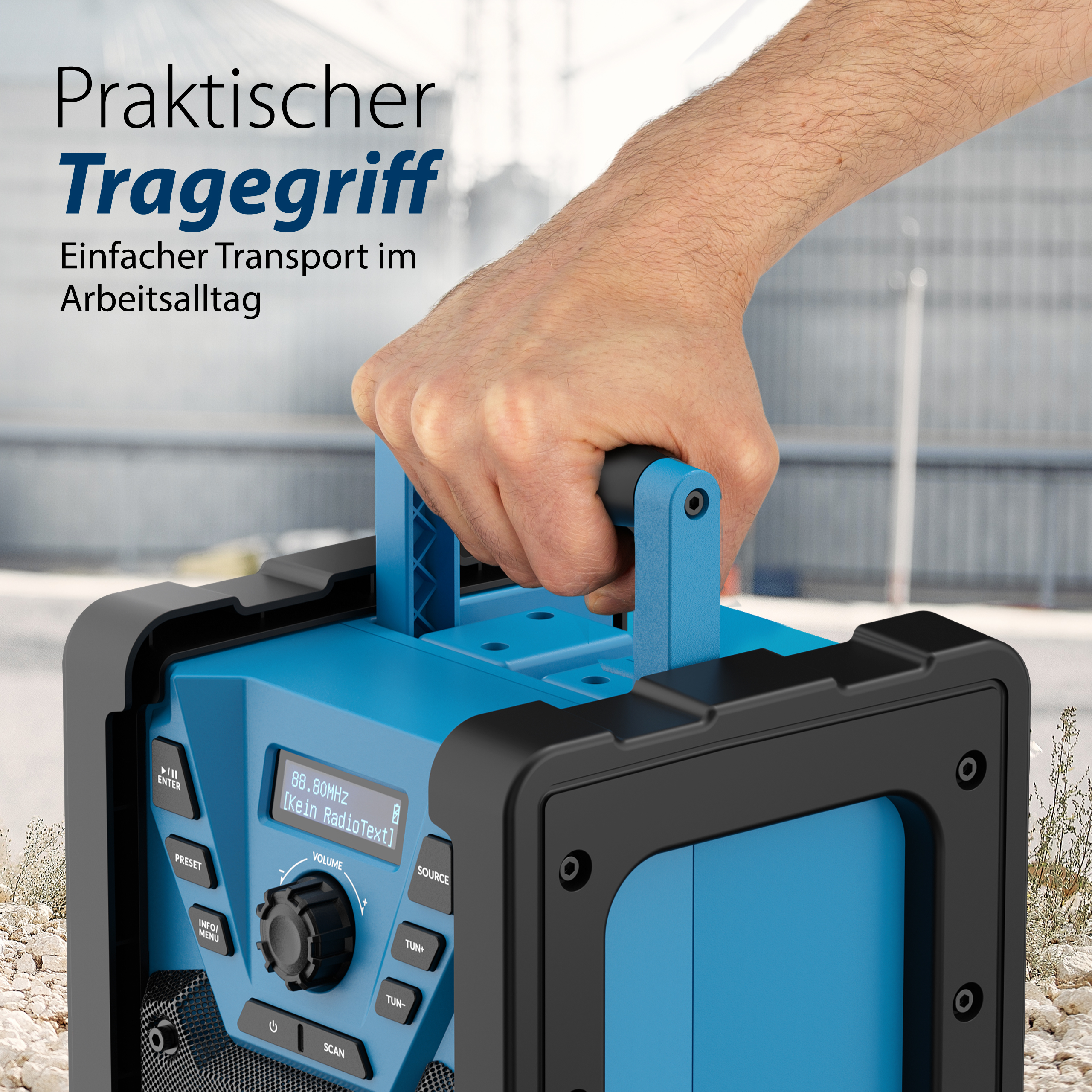 Eine Hand hält ein blau-schwarzes Radio am Griff. Auf dem Bild steht 'Praktischer Griff'.