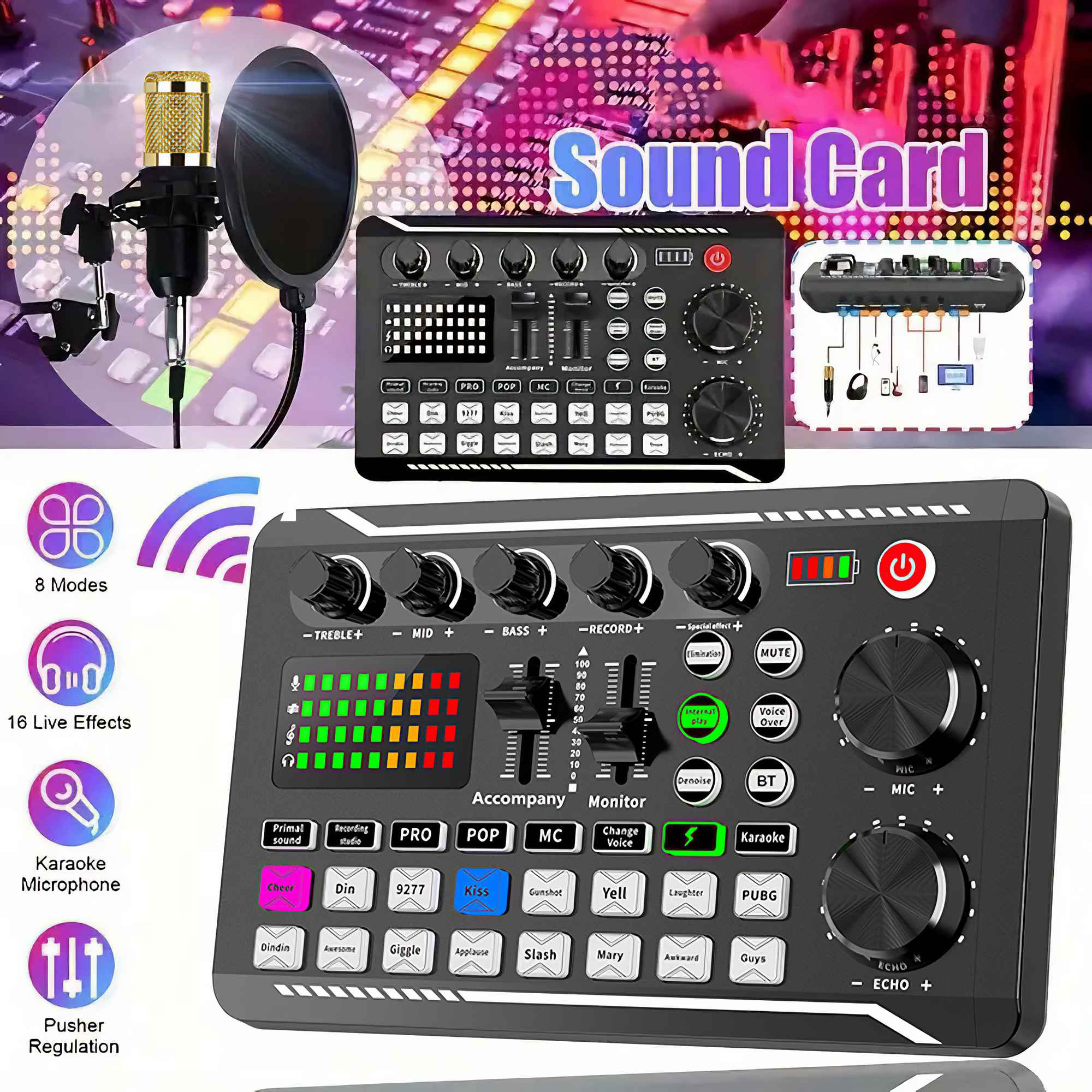 Soundkarte mit Mikrofon. Zu den Merkmalen gehören Drehregler, Tasten und ein Display. Der Text auf der Karte lautet 'Soundkarte' und verschiedene Effektoptionen.